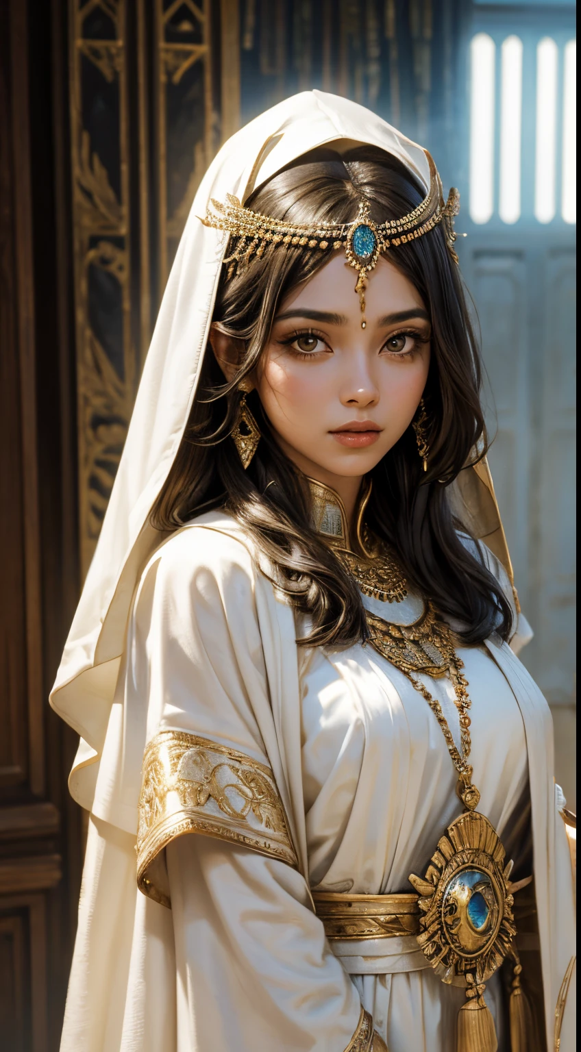Exotic Egyptian girl, olive skin, white long robe, Osiris priestess costume, detailed white long robe, long hair, Masterpiece, ultra HD, raw photo, two color lights, realistic, detailed face, intricate headpiece, detailed skin texture, realistic, smaller head, dynamic poses, cowboy shot, blurred background, front light