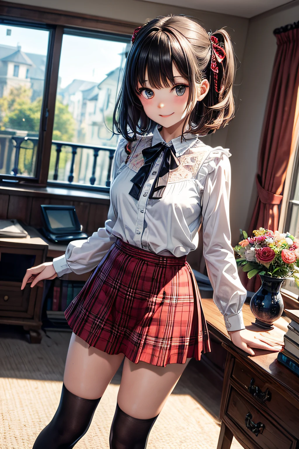 Very cute and beautiful girl,(very detailed beautiful face and eyes:1.2),(Smile),(mid-shot),
(white blouse with small frills),Long sleeve BREAK detail leg,zettai ryouiki,
Standing,stylish pose,
Dynamic Angle,Hair Ribbon,Black hair,hime-cut,(scarlet plaid miniskirt)
 Rest Living Room,flowers in a vase,Wooden Desk,(bookshelf:0.9),Jewelry box,european carpet,Distant trees々,
(Best Quality,masutepiece:1.2),(Intricate details),hight resolution,1 girl,Solo,Cinematic scene,Hair fluttering in the wind,