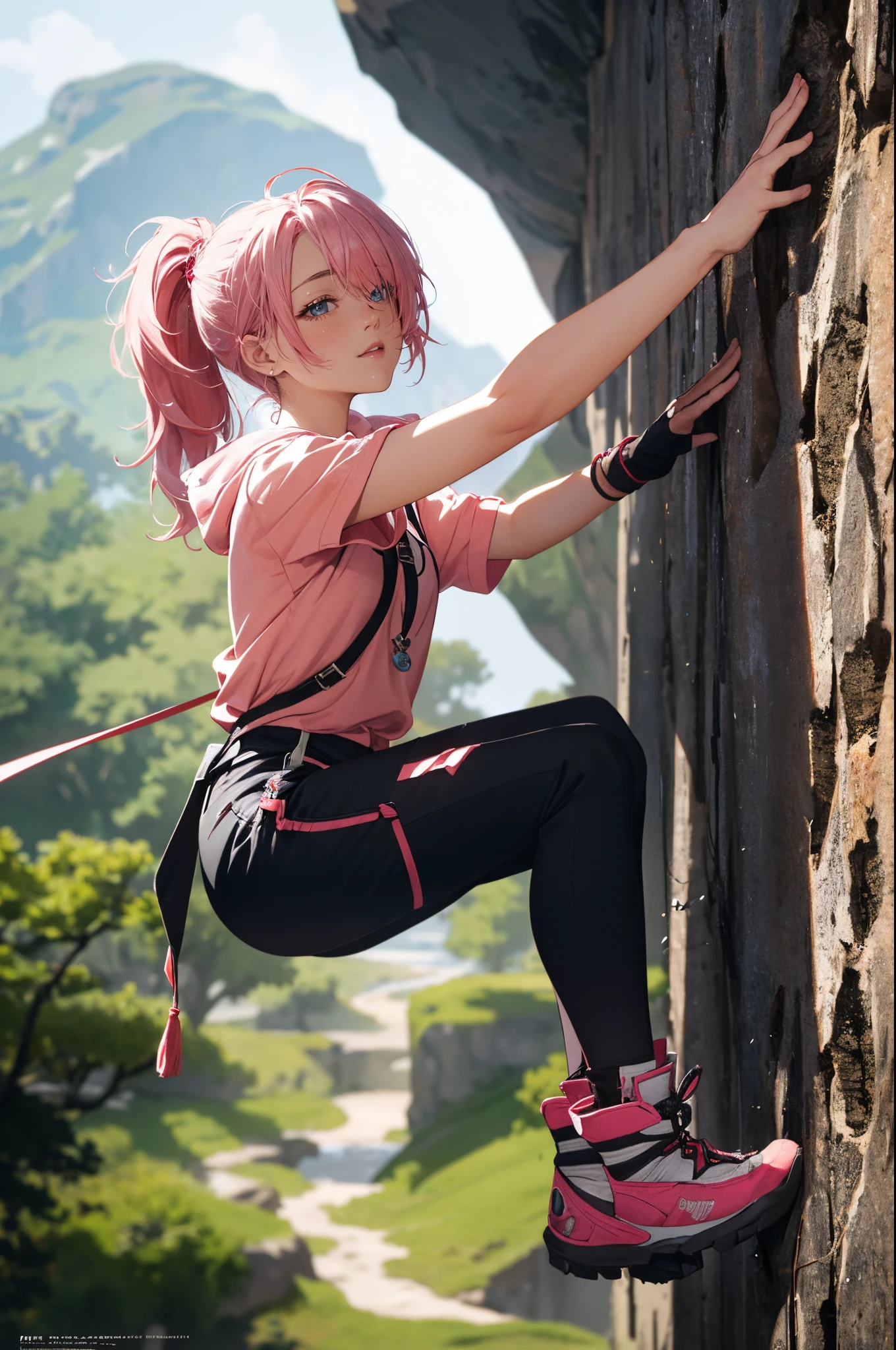 (tmasterpiece), (Best quality whole body), 1female, climbing wall on cliff, Side view, (long_Ponytail pink hair:1.21), (hair covering one eye:1.23), Wearing hiking boots_wears, Dressed for climbing_footwear, Hanging on a cliff, grab a rope, Delicate and beautiful eyes, Delicate and gorgeous face, perfect anatomia, extremely cute, dynamicposes, Perfect blackout, dramatic lights, rendered in 8K resolution,Render high-quality details, concept-art, smooth private parts, Focus sharp, illustratio, The very detailed, Soft and natural volume, cinematic perfect light, Complicated details, pixiv, krenzcushart,