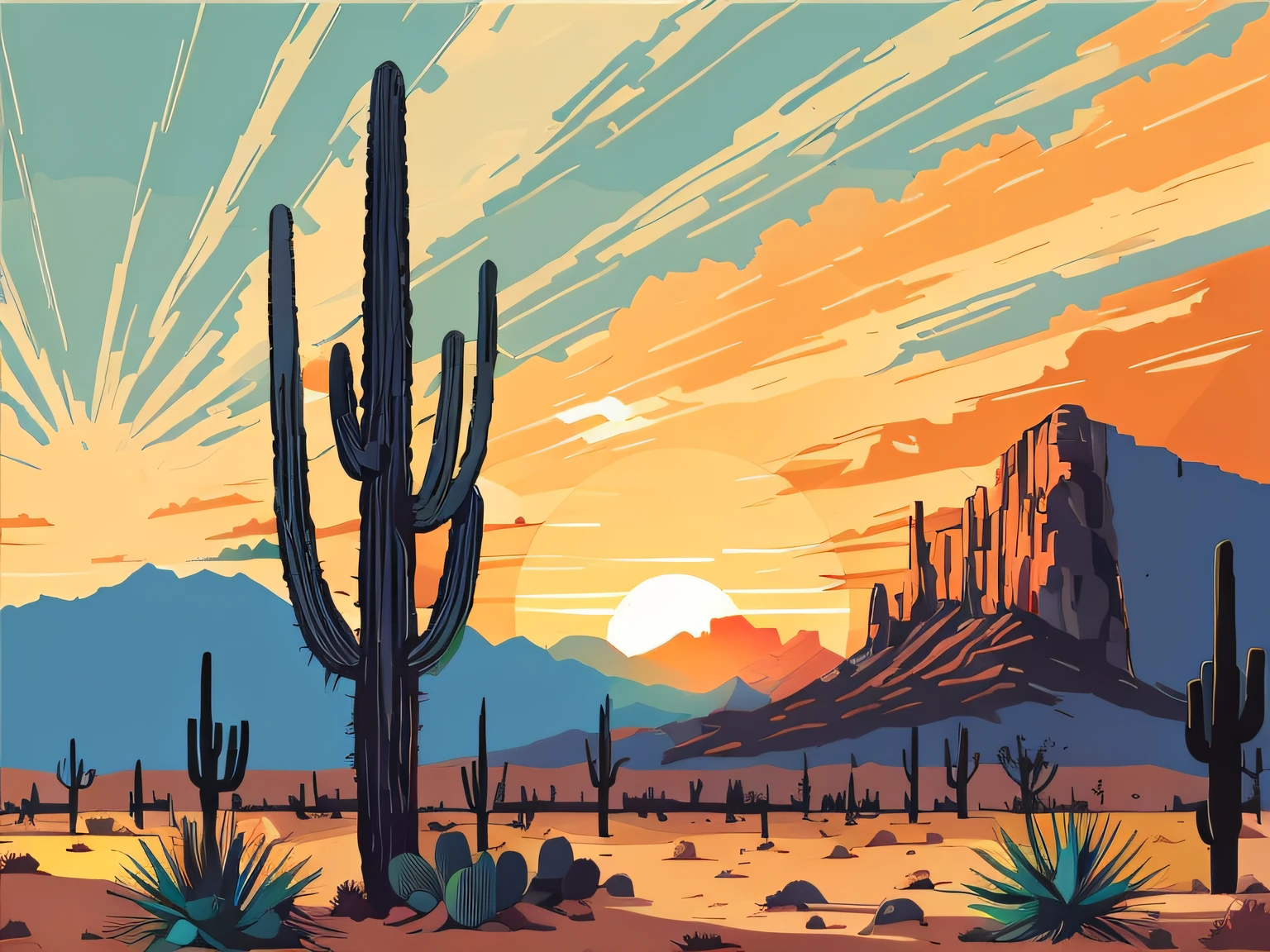 Cactus on the desert at sunset, Stable diffusion prompt, high qulity, 4K分辨率, actual, Delete text, Detailed pubic hair, vivd colour, profesional lighting, digitial painting, line sleek, vector