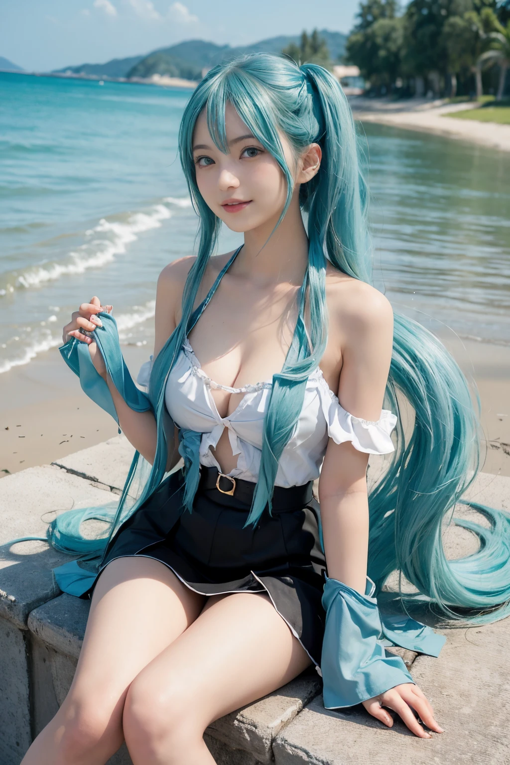 (Hatsune Miku character), Tosca hair color, Long two-tailed hair with ponies, Looking at the view, Eyes on the landscape, Smile  girl, Perfect body, Perfect anatomy, Tosca eye color, Double eyelids, Huge breasts, cleavage，Close-up shot