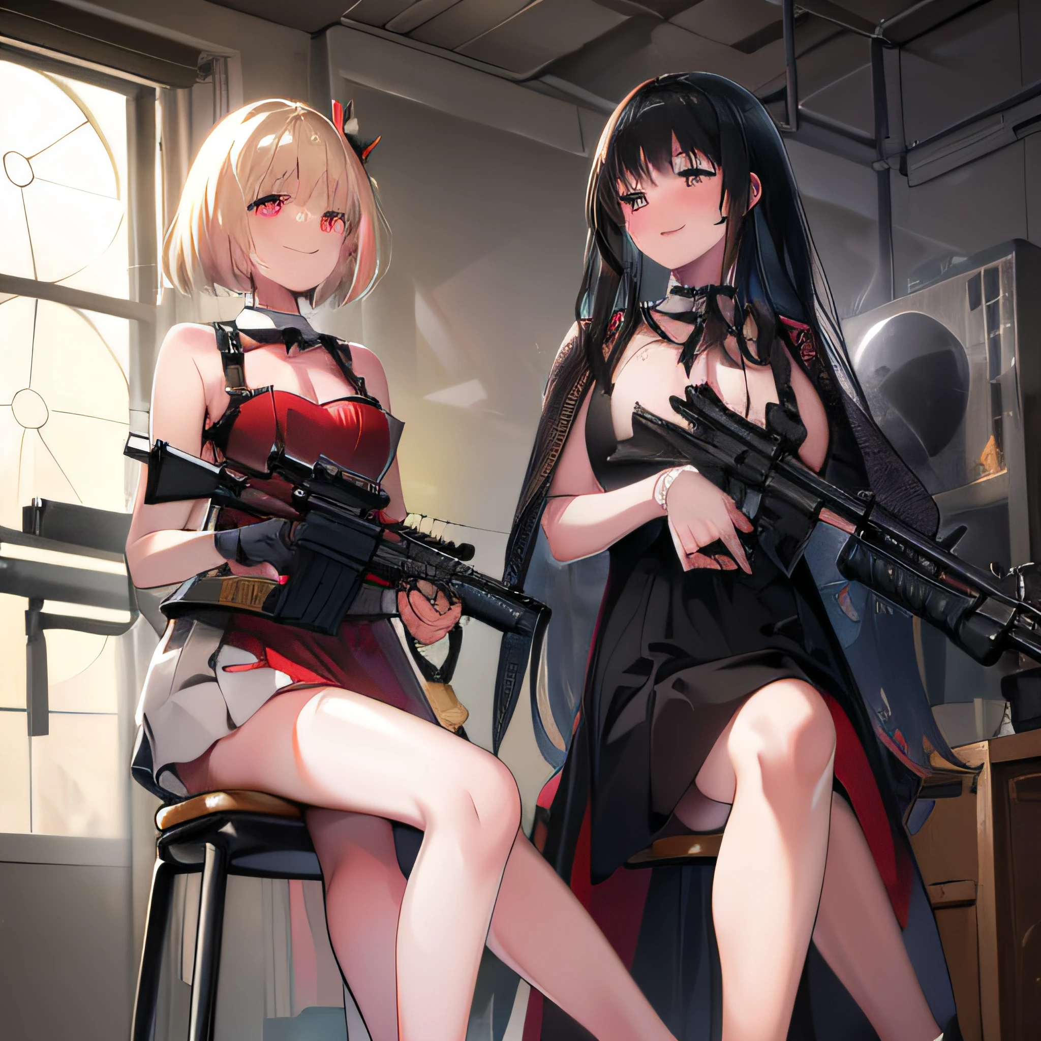 Bob blonde hair,Long Black Hair,２People Girls,Black-haired and blonde,((red blush)),chies,Sister,((machine guns)),A smile