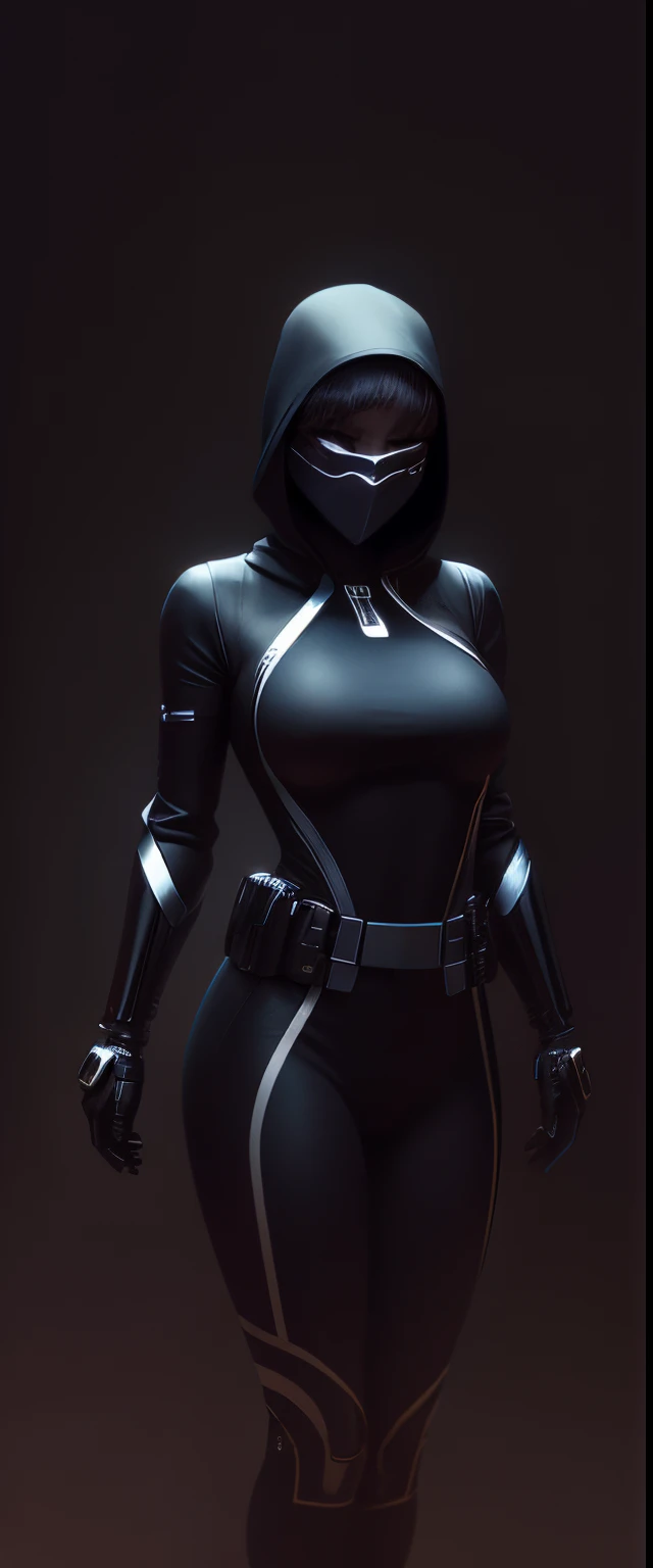 Close-up of a woman in all-black clothing, mask, cybernetic suit. White image background.