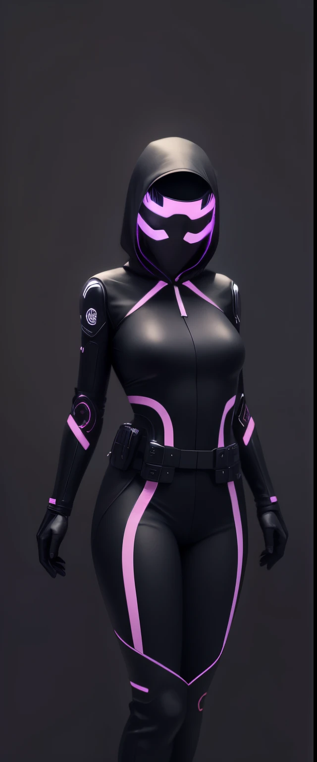 Close-up of a woman in all-black clothing, mask, cybernetic suit. White image background.