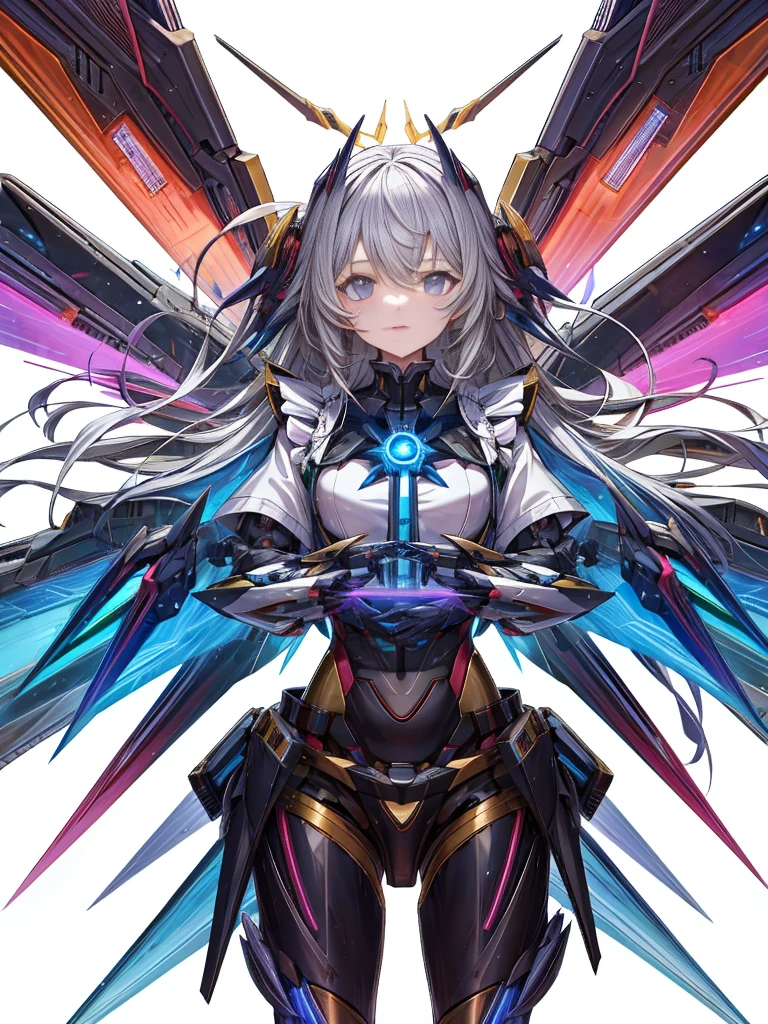 top-quality、ighly detailed、masterpiece、ultra-detailliert、illustratio、((1girl in))、silber hair、length hair、Floating hair、、Cyber City、Neon building、(The upper part of the body:1.05)、extremely_Detailed_Eyes_And_Face,cybernetic wings mechanical wings、Random posture、Skyscraper、、Mechumusume、shrine maiden clothe,maid clothes、Random angles、anime styled,cowboy shot