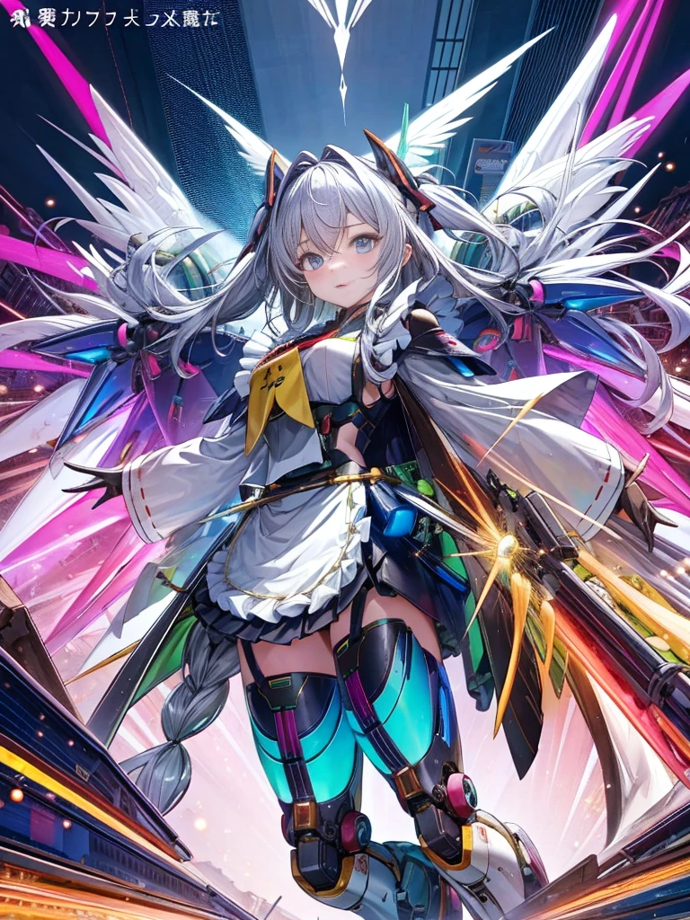 top-quality、ighly detailed、​masterpiece、ultra-detailliert、illustratio、((1girl in))、silber hair、length hair、Floating hair、、Cyber City、Neon building、(The upper part of the body:1.05)、extremely_Detailed_Eyes_And_Face,cybernetic wings mechanical wings、Random posture、Skyscraper、、Mechumusume、shrine maiden clothe,maid clothes、Random angles、anime styled,cowboy  shot