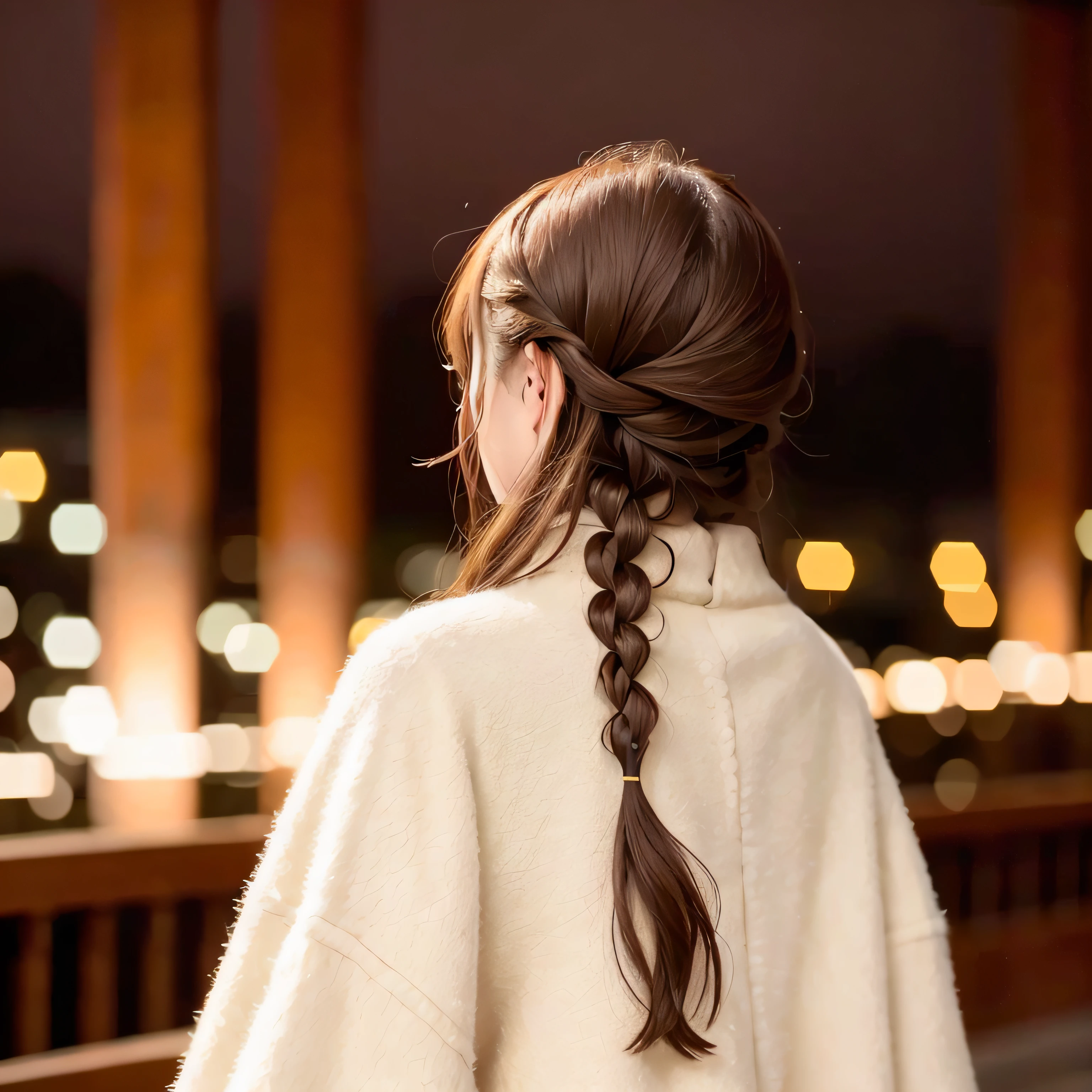 There was a woman wearing a long coat., shoulder - length hair, shoulder-length hair, Medium Hair, Loose white braid, Soft hair, With short hair, Long braid hair pulled back, With long hair, mid - length hair, ulzzangs, white hime cut hairstyle, shoulder - length, with same hairstyle, Long braided hair, braided brown hair、While watching the illuminations、nighttime scene