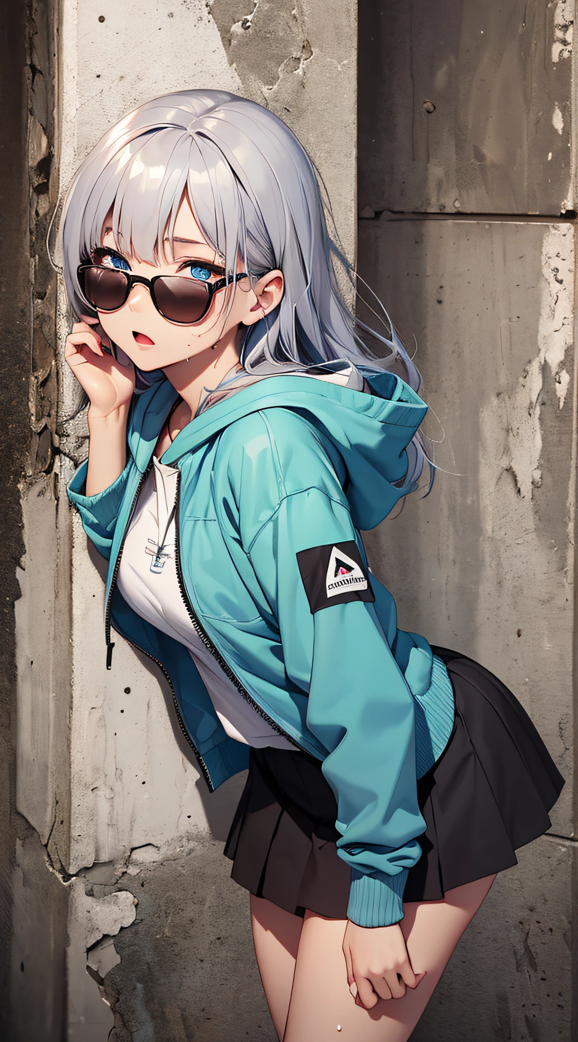 top-quality、Top image quality、masterpiece、s girl((white hoodie with open chest、Black skirt、18year old、 Ager、Best Bust、big bast,Beautiful light blue eyes, Long silver hair、A slender,Large valleys、Reflecting the whole body、Leaning forward、put red sunglasses on your eyes、jumping pose、worried face、tension、lean against the wall、Sweating)),hiquality、Beautiful Art、Background with((Ruins、survival))masterpiece、depth of fields,