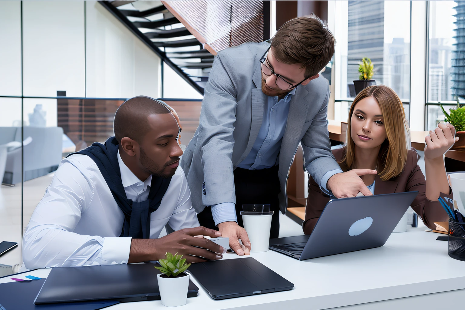 (best quality,4k,8k,highres,masterpiece:1.2),ultra-detailed,realistic,office background,city view,modern architecture,tall skyscrapers,bustling city streets,large glass windows,reflection of city lights on glass,people working at desks,computer screens,multi-level office building,stylish interior design,open concept,abundance of natural light,loft-style space,ergonomic furniture sleek and minimalistic,green indoor plants,contemporary artwork on walls,artificial lighting,soft warm tones,professional atmosphere,productive and efficient setting,efficient use of space,impressive aerial view,meticulously organized workspaces,hustle and bustle of busy professionals,feeling of ambition and success,tranquil and serene atmosphere,inspiring environment,harmonious blend of nature and urban landscape,cityscape at dawn or dusk,beautifully lit skyline,impressive urban backdrop,exciting and dynamic city life,spiraling staircase connecting different levels,high-speed elevators,harmonious integration of technology and nature.