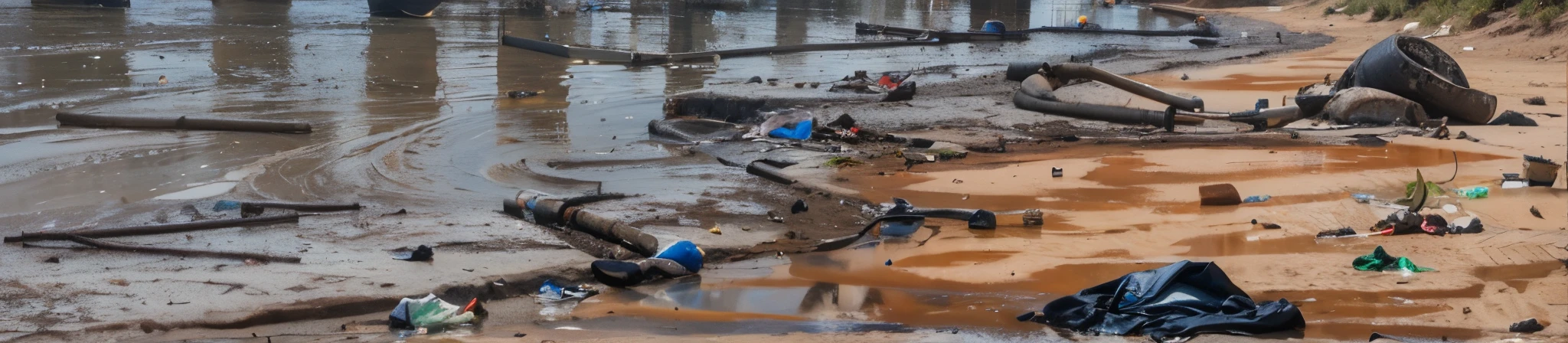 brown sand, Sewer water, reflections, trash, blastic bag, bootles, ((no person))