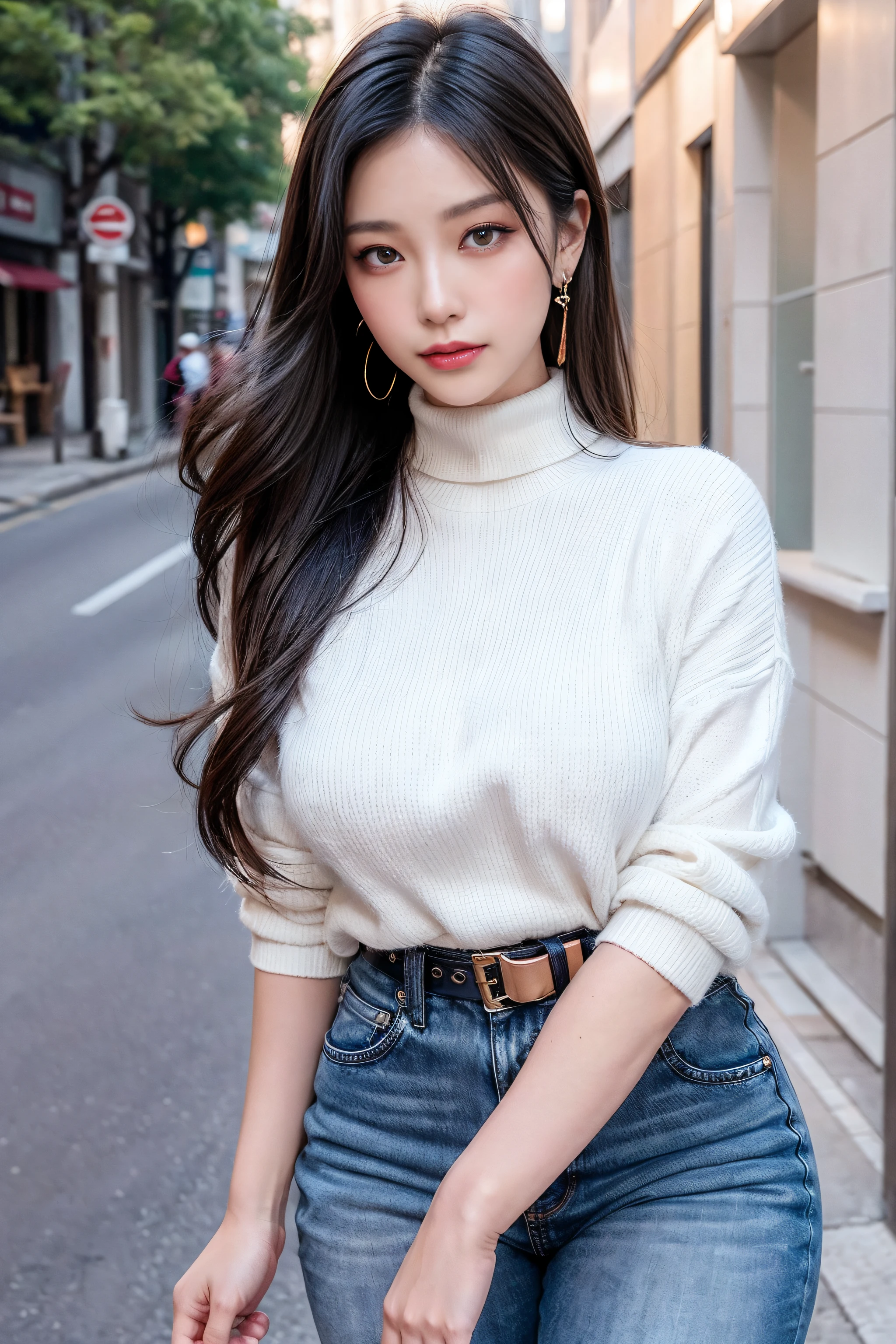 Beautiful girl college student,masterpiece,Light makeup,red lips,silver hair,messy long hair,street background,beautiful,grace。Super fine detail,work,Authentic texture,Realistic movie lighting,完美的work,8k,HD,Exquisite facial features,White skinny turtleneck top,White skinny shorts,slim figure,big bright eyes,,earring,necklace,Tattoos are