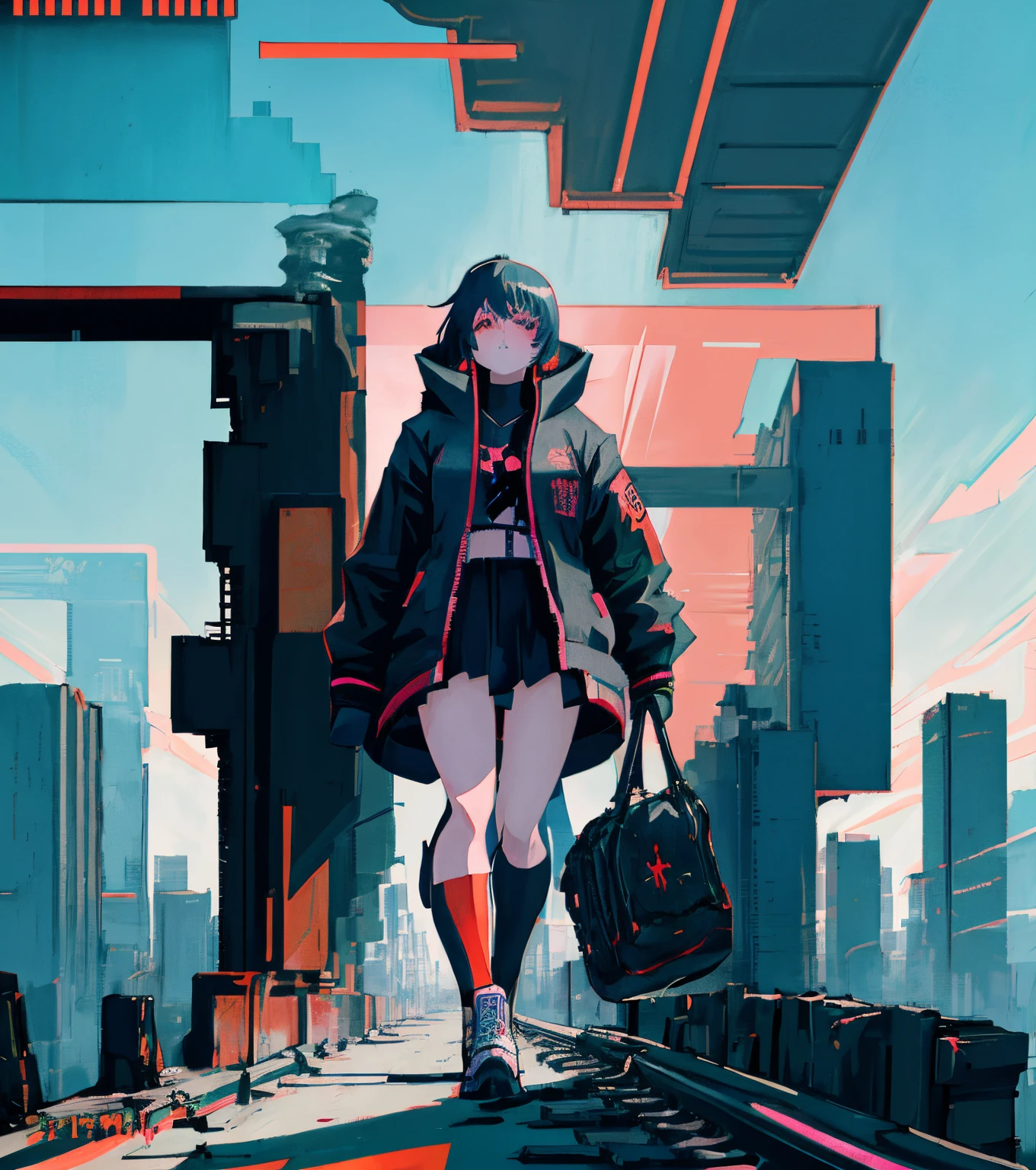 anime girl in black outfit running on train tracks with a train in the background, digital cyberpunk anime art, digital cyberpunk - anime art, beeple and jean giraud, advanced digital cyberpunk art, cyberpunk anime art, anime cyberpunk art, inspired by Wadim Kashin, cyberpunk art style, sergey kolesov, artwork in the style of guweiz