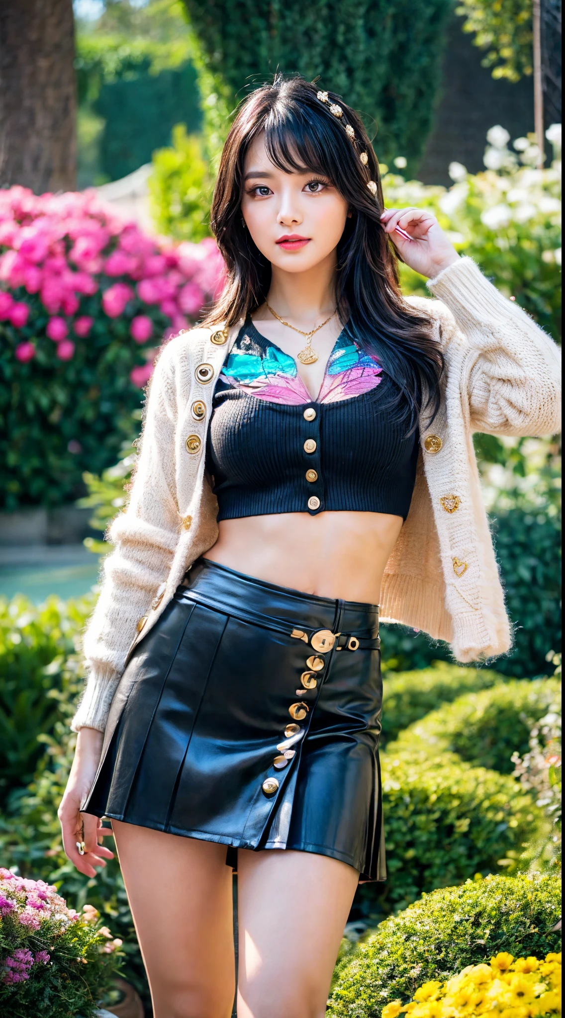 (Ultra-detailed eyes), (((textile shading))), (((Best Quality))), (((masterpiece))), (((Ultra-detailed CG))), sassy girl, (((magical ))), (Petite), (tiny chest), black hair, black hair, black hair, black hair, fluffy hair ((Girl Crush Aesthetic hairstyle, gorgeous hair)) Girl Crush Aesthetic Visuals, Girl Crush Aesthetic Outfits, vibrant Girl Crush Aesthetic scene, Girl Crush Aesthetic Outfits, Girl Crush Aesthetic ambiance, Girl Crush Aesthetic at the heavenly garden:0.2 Girl Crush Aesthetic image of a women Girl Crush Aesthetic Outfits, immersed in the vibrant atmosphere of a heavenly garden. His attire reflects the fashion trends of the Girl Crush Aesthetic. Girl Crush Aesthetic Outfits heavenly garden scene alive with pulsating lights, a lively heavenly garden, The Girl Crush Aesthetic Outfits ambiance transports viewers back to the Girl Crush Aesthetic era, capturing the spirit of Girl Crush Aesthetic, and self-expression that defined the Girl Crush Aesthetic culture. black feather cuff cardigan over a white knit crop top with gold-tone buttons, balck low-rise faux-leather pleats skirt. Eyes on viewers, upper image