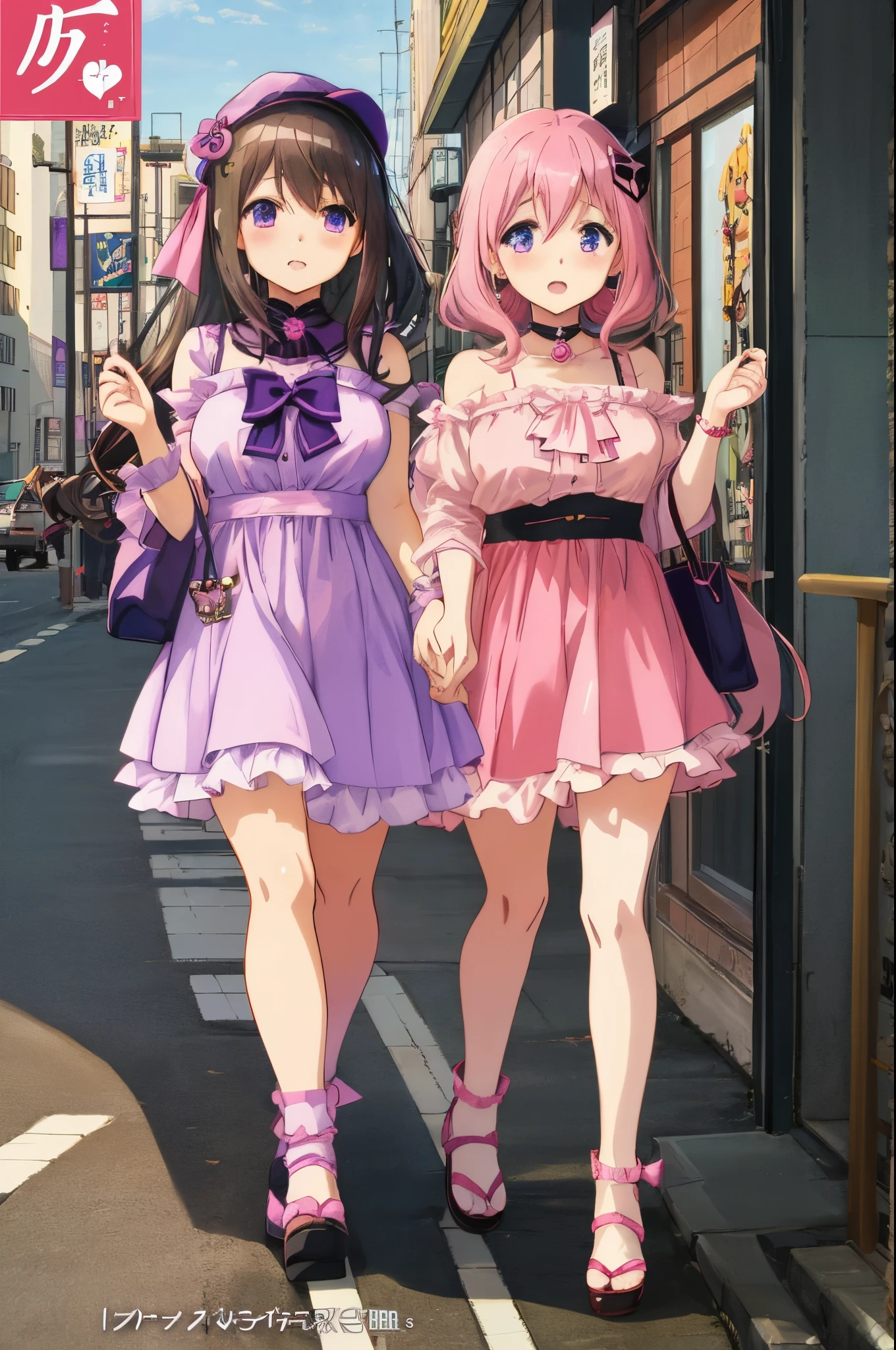 Anime girl wearing pink and purple costume is walking on the sidewalk, anime moe art style, Kantai Collection Style, anime style 4 k, two beautiful anime girls, Anime Girls, hanayamata, Ecchi anime style, anime cover, yandere. tall, High quality anime art style, kawacy, by Jin Homura, best anime 4k konachan wallpaper,Anime girl wearing pink and purple costume is walking on the sidewalk, a picture by Jin Homura, pixiv, serial art, anime moe art style, Kantai Collection Style, anime style 4 k, two beautiful anime girls, Anime Girls, hanayamata, Ecchi anime style, anime cover, yandere. tall, High quality anime art style, kawacy