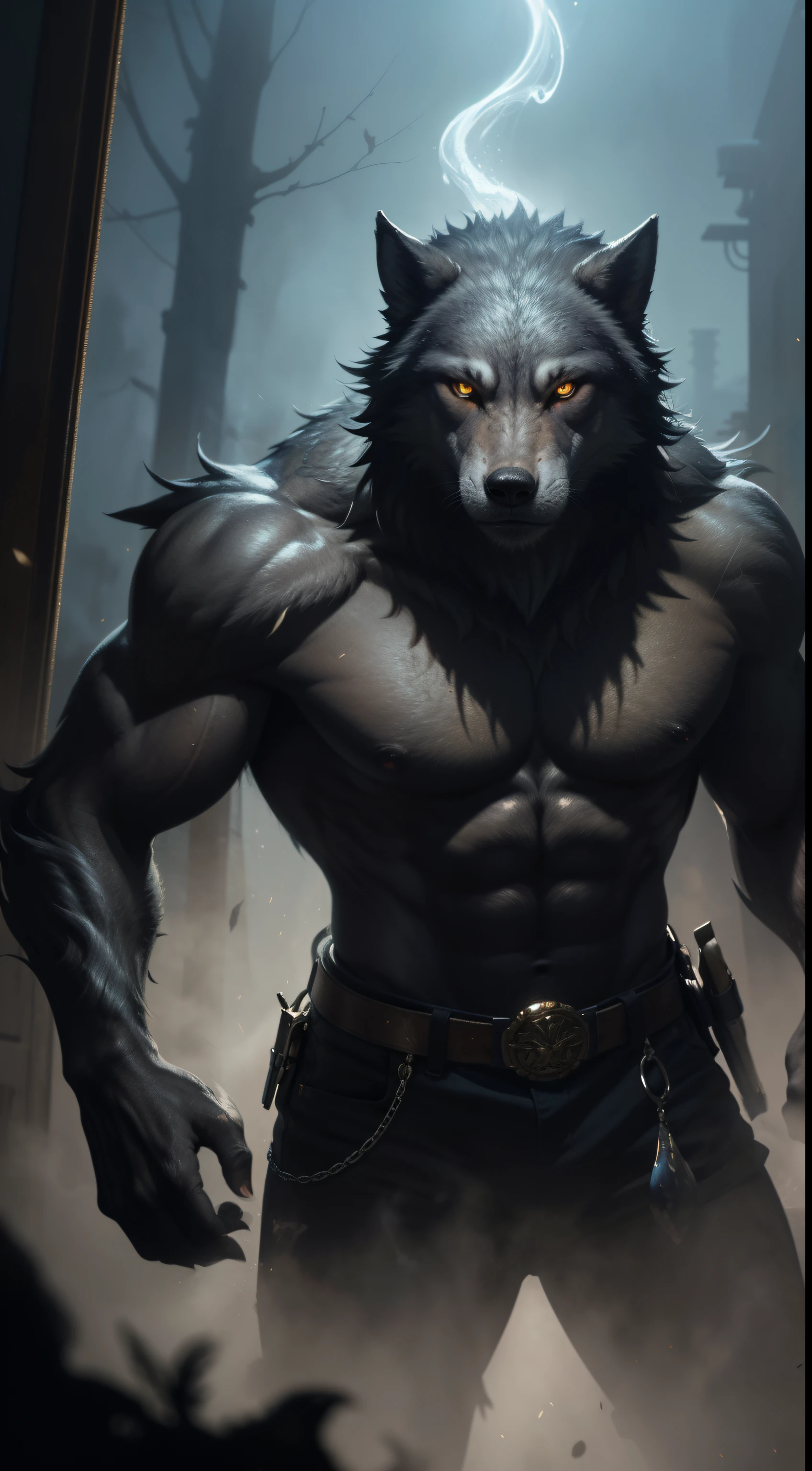 Experience the beauty of a realistic oil painting (1.1) capturing the essence of a handsome werewolf guardian (0.8) as he descends from a big, misty dark ink splash. The silver and golden paint splashes add a touch of elegance to the dynamic lighting, creating a mesmerizing visual. This high resolution (8k) rendering is filled with intricate details and a clear silver finish.