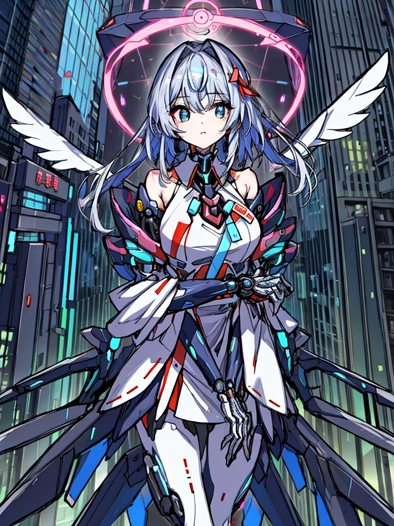top-quality、ighly detailed、masterpiece、ultra-detailliert、illustratio、((1girl in))、silber hair、length hair、Floating hair、、Cyber City、Neon building、(The upper part of the body:1.05)、extremely_Detailed_Eyes_And_Face,cybernetic wings mechanical wings、Random posture、Skyscraper、、Mechumusume、shrine maiden clothe,maid clothes、Random angles、anime styled,cowboy shot