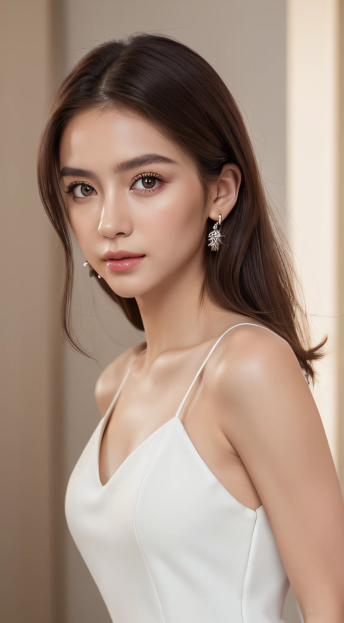 ((Realistic lighting, Best quality, 8K, Masterpiece: 1.3)), Focus: 1.2, 1girl, Perfect Figure: 1.4, Slim Abs: 1.1, ((Dark brown hair)), (white dress: 1.4), (indoor, Day: 1.1), Office work, Super fine face, Fine eyes, Double eyelid office attire) Ai influencer