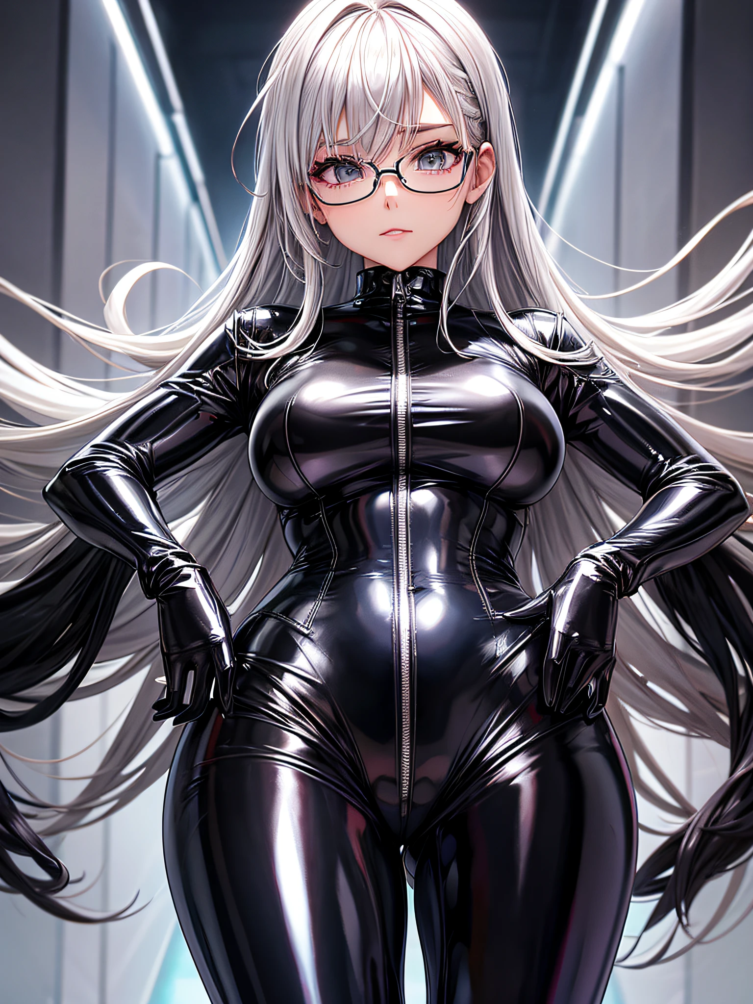 5 8K UHD、Wearing glasses、wearing a latex sweatsuit、A beautiful silver-haired woman posing with her legs open、Shiny latex sweatsuit with hidden skin