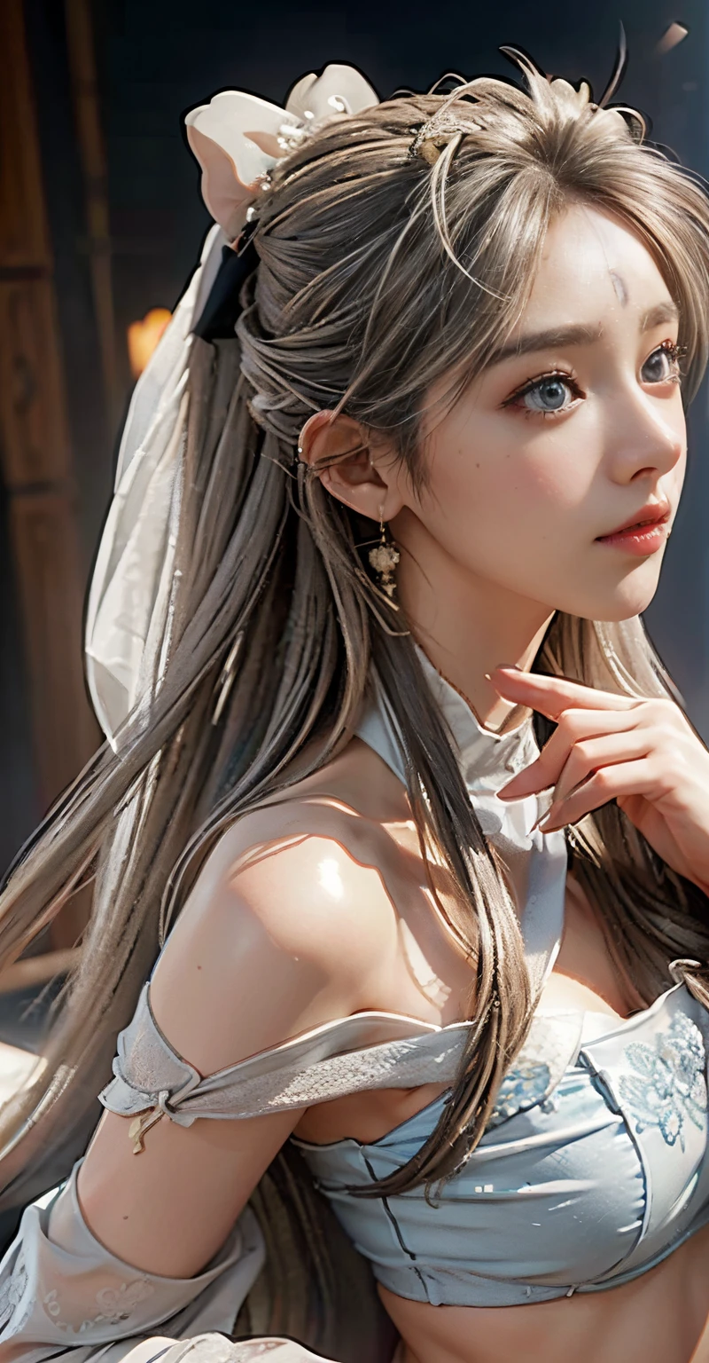 (Absurd, high-res, Super Detailed), 1girls, Shy, Shy, sweet gentle girl, intricate detailed, Enlarged surface, intricate detailed, Fine eyes and detailed faces, intricate detailed, Gray Hair, flowing hair, Clothing to cover hands, Covering hands, large boobs, perfect breasts, areola, (Shut Up), (Perfect Eyes, Equal eyes), Complicated Damask Hanfu, Clothes transparent, Bare shoulders, navel, short skirt, super realistic, photo-hyper-realistic,