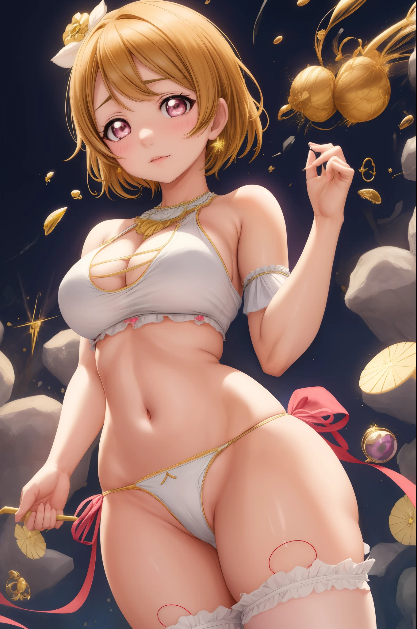 Koizumi hanayo, bangs, beautiful, beautiful woman, perfect body, standing,beautiful female model,facial details,(sedative:1.2),glowing eyes,detailed body part , oversize transparent crop top, underboobs,big breasts,thong