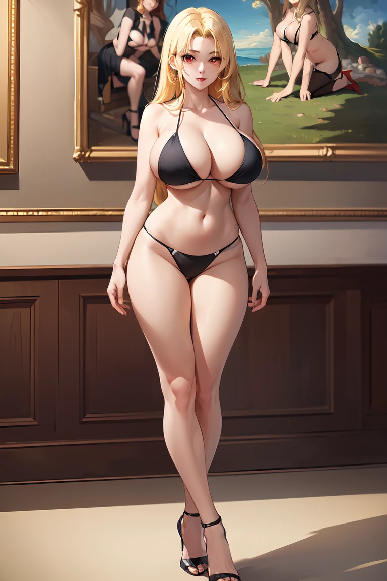 (Best quality at best,Unbeatable masterpiece:1.4),Ultra-detailed CG 4K,Long blonde hair，Red-eyed，black bikini，high-heels，humongous large breast，rendering，humongous large breast