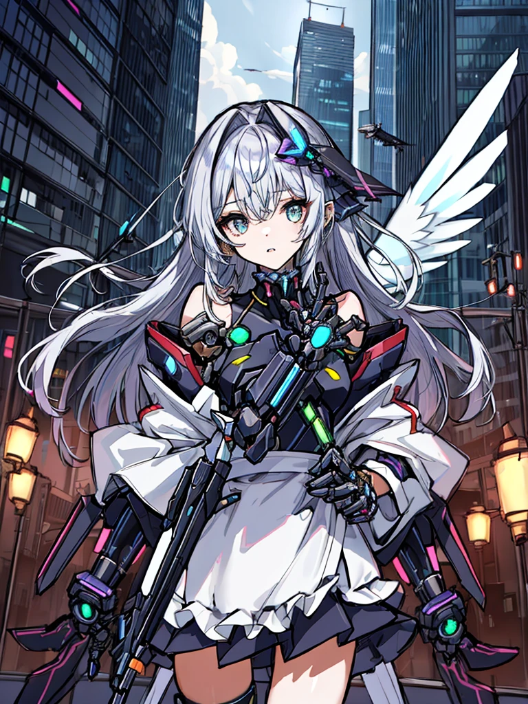 top-quality、ighly detailed、​masterpiece、ultra-detailliert、illustratio、((1girl in))、silber hair、length hair、Floating hair、、Cyber City、Neon building、(The upper part of the body:1.05)、extremely_Detailed_Eyes_And_Face,cybernetic wings mechanical wings、Random posture、Skyscraper、、Mechumusume、shrine maiden clothe,maid clothes、Random angles、anime styled,cowboy  shot