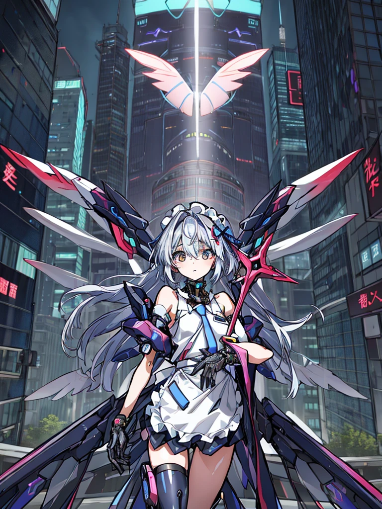 top-quality、ighly detailed、​masterpiece、ultra-detailliert、illustratio、((1girl in))、silber hair、length hair、Floating hair、、Cyber City、Neon building、(The upper part of the body:1.05)、extremely_Detailed_Eyes_And_Face,cybernetic wings mechanical wings、Random posture、Skyscraper、、Mechumusume、shrine maiden clothe,maid clothes、Random angles、anime styled,cowboy  shot