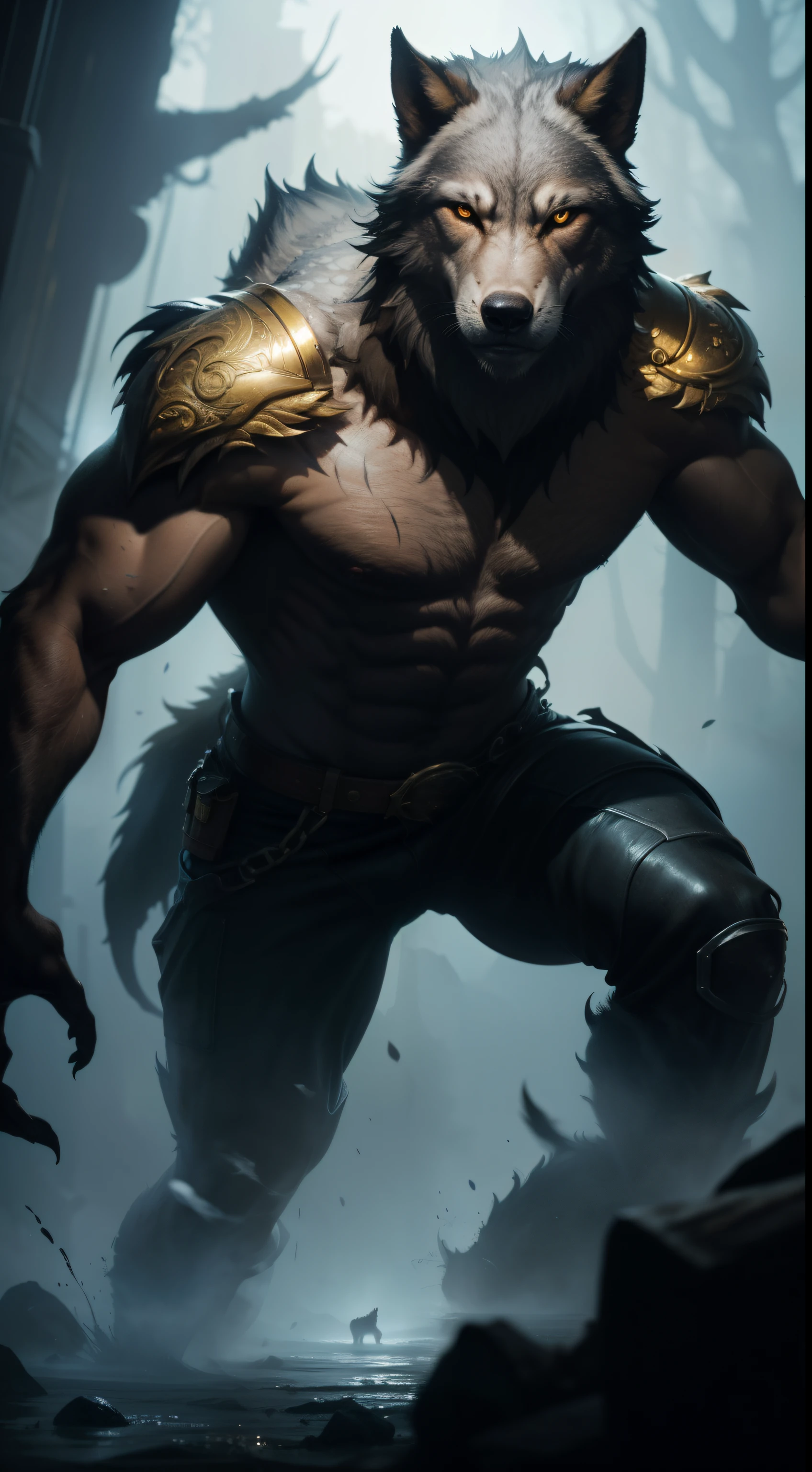 Experience the beauty of a realistic oil painting (1.1) capturing the essence of a handsome werewolf guardian (0.8) as he descends from a big, misty dark ink splash. The silver and golden paint splashes add a touch of elegance to the dynamic lighting, creating a mesmerizing visual. This high resolution (8k) rendering is filled with intricate details and a clear silver finish.
