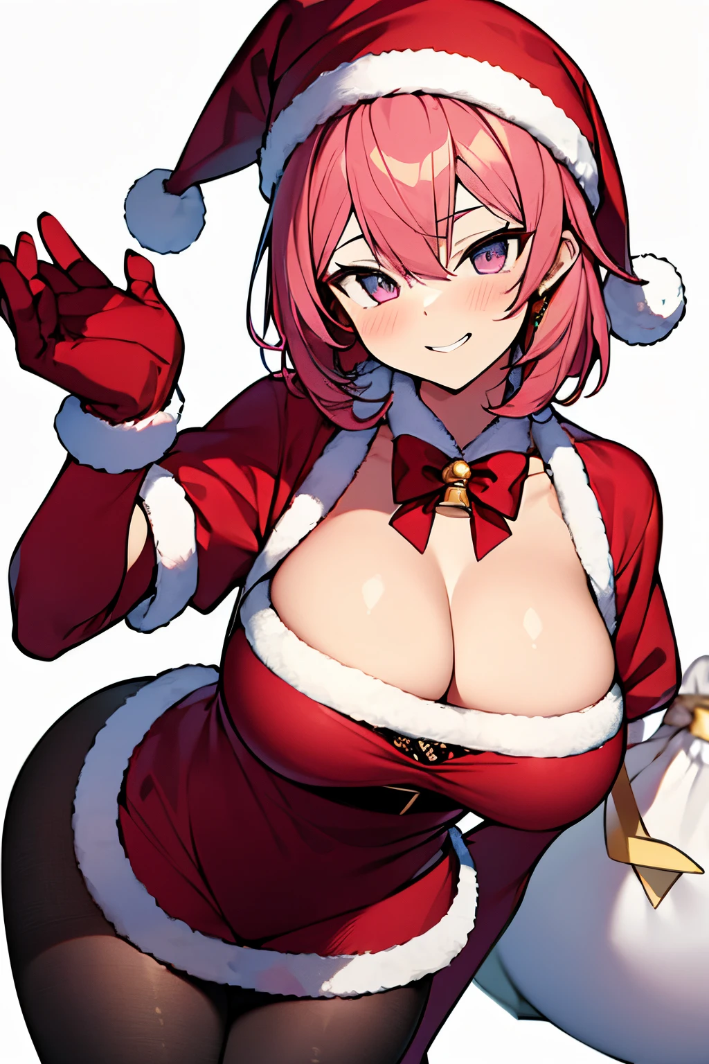 tmasterpiece,1 sister, serina,Pink_the hair, mitts, Black_mitts, hairy pubic_Manicured neatly, has cleavage, santa_garments, christmas, Avak, ssmile, bell, Alone, Black_Headgear, lace hose, The white_Background with, Pink_eyed, santa_not,