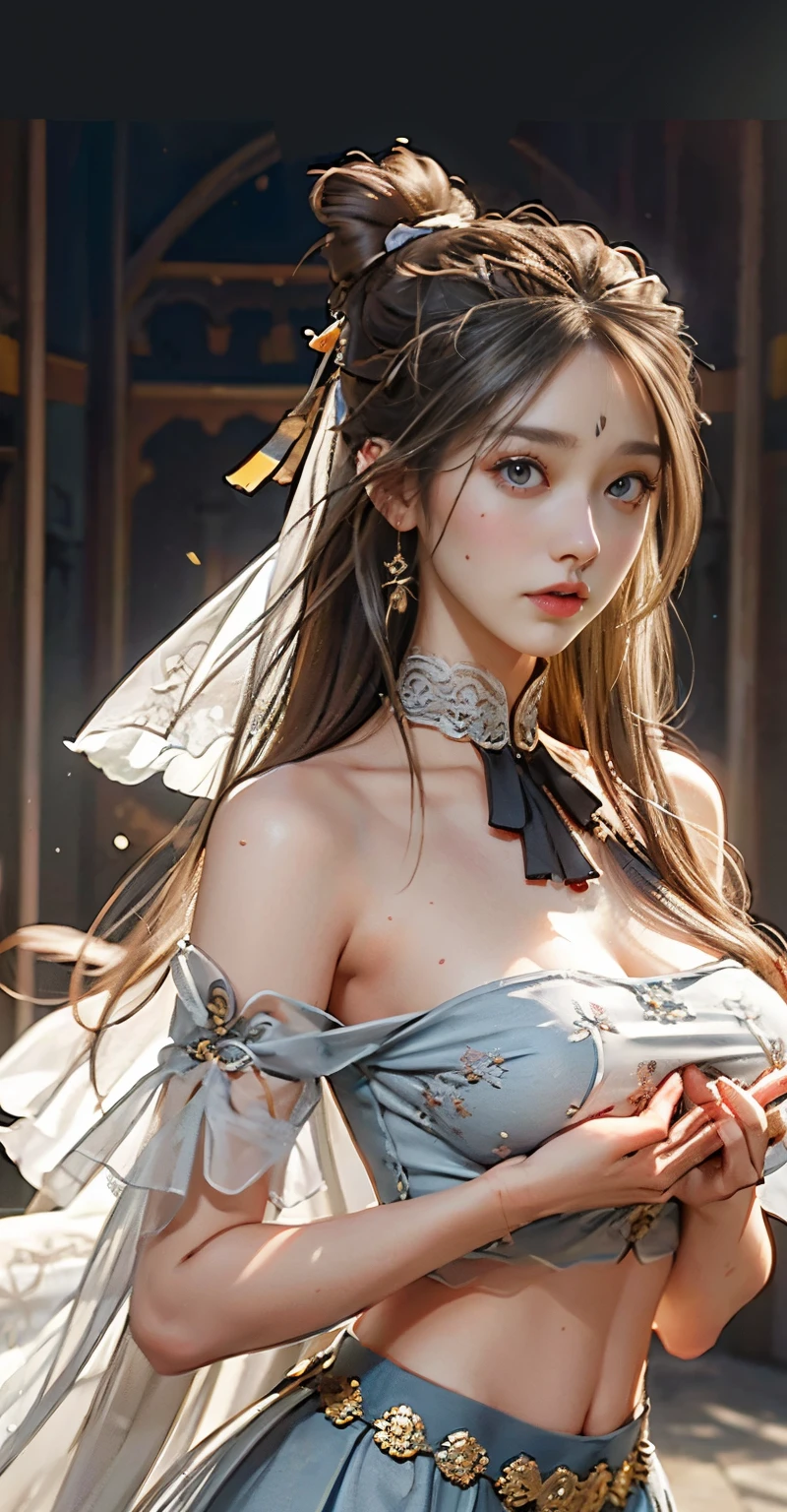 (Absurd, high-res, Super Detailed), 1girls, Shy, Shy, sweet gentle girl, intricate detailed, Enlarged surface, intricate detailed, Fine eyes and detailed faces, intricate detailed, Gray Hair, flowing hair, Clothing to cover hands, Covering hands, large boobs, perfect breasts, areola, (Shut Up), (Perfect Eyes, Equal eyes), Complicated Damask Hanfu, Clothes transparent, Bare shoulders, navel, short skirt, super realistic, photo-hyper-realistic,