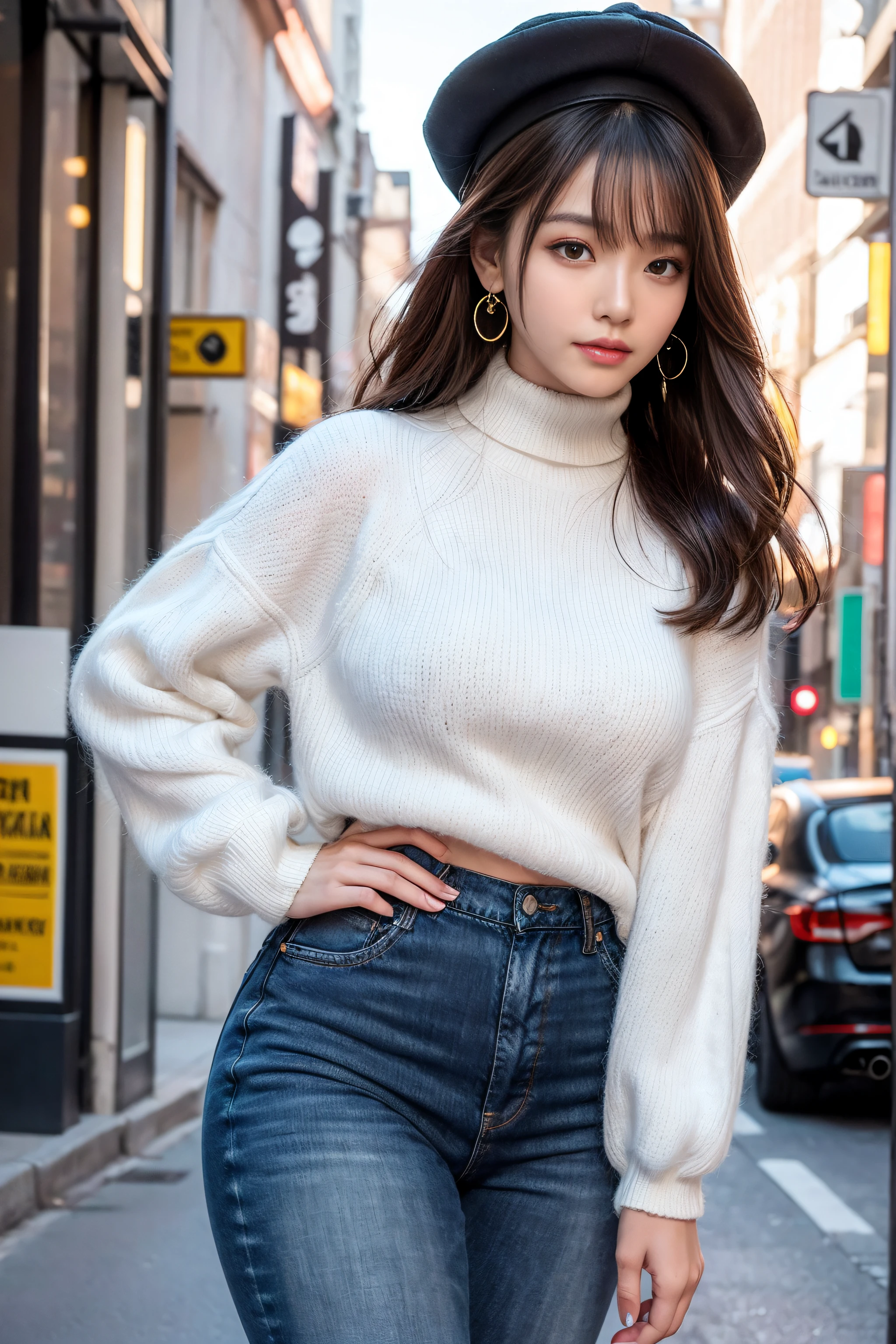 A very beautiful Asian girl,Alone,Mature girl,Alone on the street,White turtleneck long-sleeved sweater,denim short,Black glossy ocean hat(An extremely delicate and beautiful work:1.2)Supermodel figure,supermodel height,A very beautiful girl,Perfect body example,slim toned body,Tight body shape,plumw,Perfect body curves,dermal,Skin texture  clear and delicate(Advanced skin details:1.1)Korean idol’s perfect face,A bright and beautiful smile,Long blonde hair,Light blonde wavy hair,Clear and fine hair texture(Quality hair details:1.1),exquisite eye makeup,Refined eye detailing,Blue pupil(Advanced eye detail:1.1)Best example of four fingers and a thumb,Feet with perfectly proportioned thighs and calves(jade foot)Wear earrings,choker necklace,bangle,Sweater series,Jeans series,Photographic works,BestWorks,Best quality,Super refined,extremely high resolution,Shot by one person