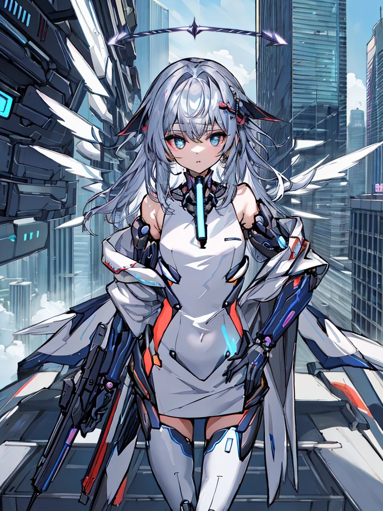 top-quality、ighly detailed、​masterpiece、ultra-detailliert、illustratio、((1girl in))、silber hair、length hair、Floating hair、、Cyber City、Neon building、(The upper part of the body:1.05)、extremely_Detailed_Eyes_And_Face,cybernetic wings mechanical wings、Random posture、Skyscraper、、Mechumusume、shrine maiden clothe,maid clothes、Random angles、anime styled,cowboy  shot