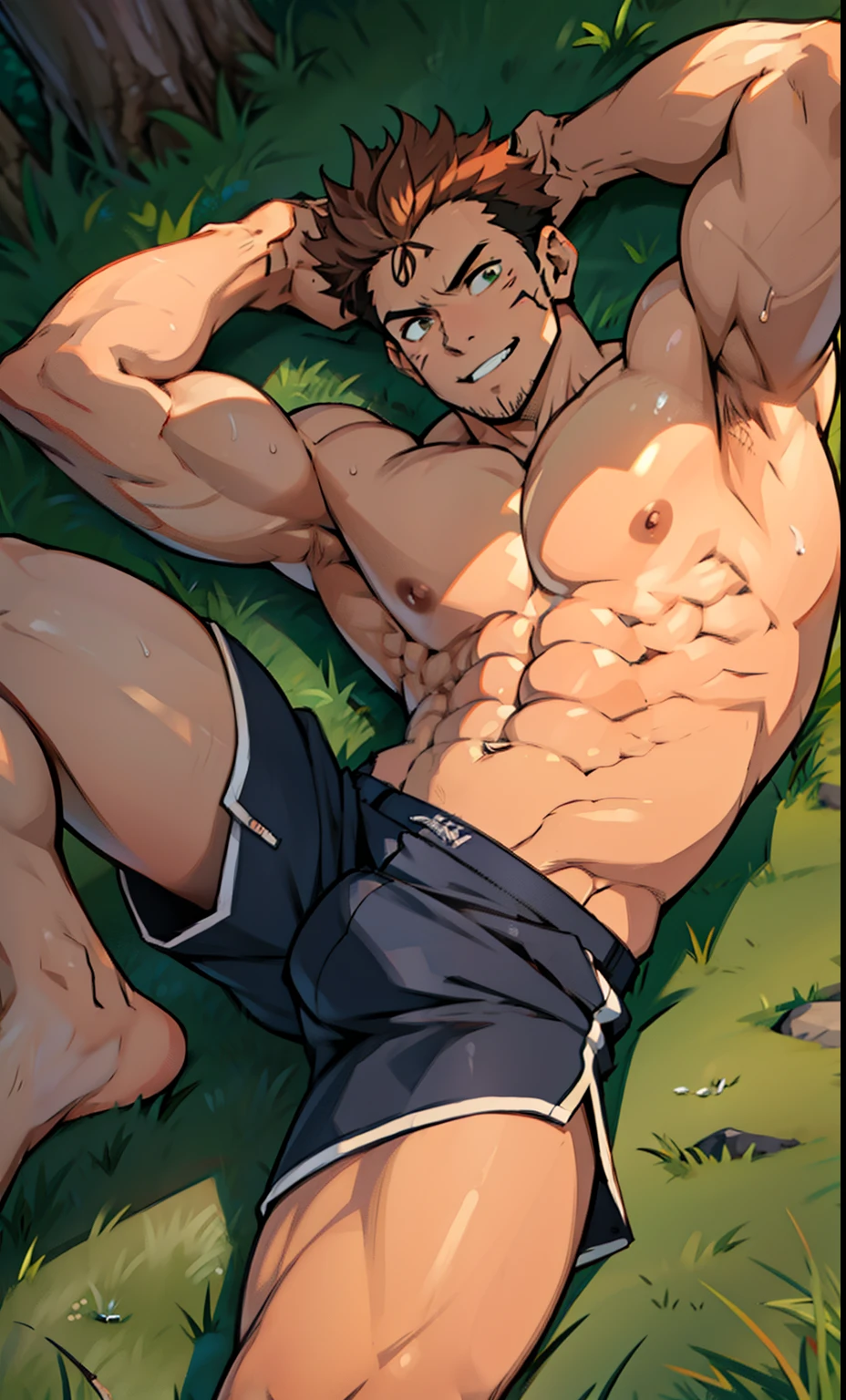 (canto da foto de baixo para cima) (imagem da mais alta qualidade) Lion man ,real, jovem, foco masculino, vestindo shorts, imagem de anime, lying on the grass , pernas bem abertas, sexy face, rosto atraente, cabelo subcortado, huge muscle muscles of the chest, anime wallpaper, exibindo seus musculos, large strong thigh muscles, Biceps Sinewy muscles, virilha marcando, Big chest, corpo tonificado devido ao treinamento intenso, Well-developed muscles, abdomen trincado, six pack, ABS transparente de 8 embalagens, 3 metros de altura, topless, abrindo bem as pernas, pele brilhante, rede de suor pingando, hands on thighs, bare feet, Sem barba, nfsw, showing his big , cum