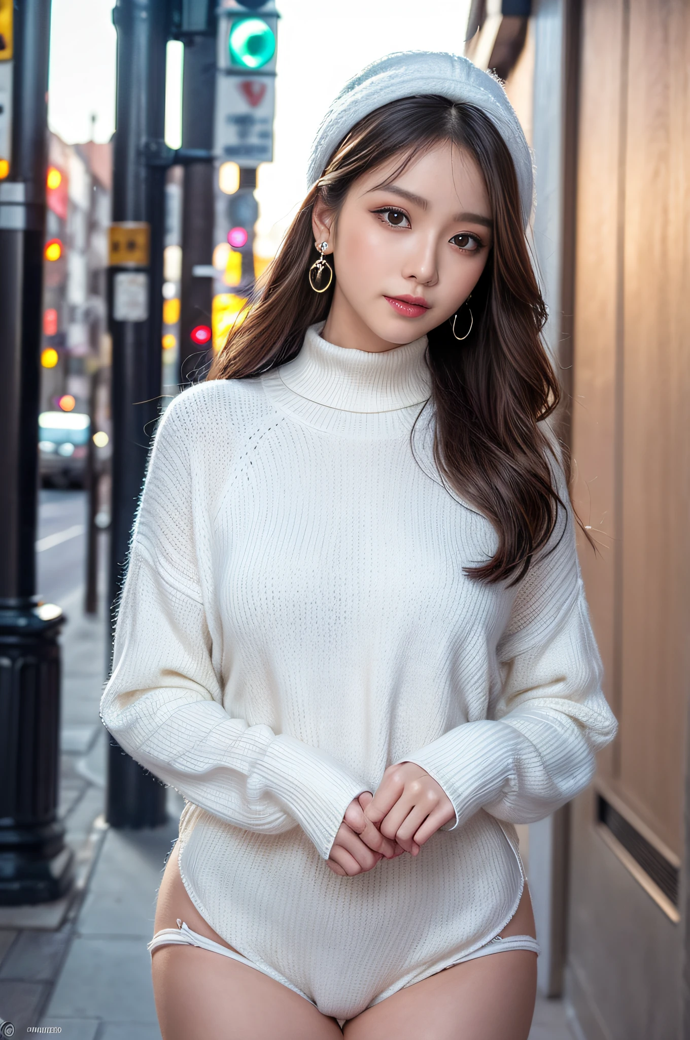 A very beautiful Asian girl,Alone,Mature girl,Alone on the street,White turtleneck long-sleeved sweater,denim short,Black glossy ocean hat(An extremely delicate and beautiful work:1.2)Supermodel figure,supermodel height,A very beautiful girl,Perfect body example,slim toned body,Tight body shape,plumw,Perfect body curves,dermal,Skin texture clear and delicate(Advanced skin details:1.1)Korean idol’s perfect face,A bright and beautiful smile,Long blonde hair,Light blonde wavy hair,Clear and fine hair texture(Quality hair details:1.1),exquisite eye makeup,Refined eye detailing,Blue pupil(Advanced eye detail:1.1)Best example of four fingers and a thumb,Feet with perfectly proportioned thighs and calves(jade foot)Wear earrings,choker necklace,bangle,Sweater series,Jeans series,Photographic works,BestWorks,Best quality,Super refined,extremely high resolution,Shot by one person