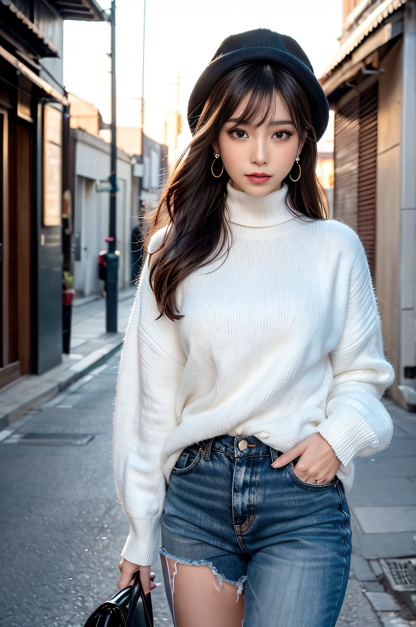 A very beautiful Asian girl,Alone,Mature girl,Alone on the street,White turtleneck long-sleeved sweater,denim short,Black glossy ocean hat(An extremely delicate and beautiful work:1.2)Supermodel figure,supermodel height,A very beautiful girl,Perfect body example,slim toned body,Tight body shape,plumw,Perfect body curves,dermal,Skin texture  clear and delicate(Advanced skin details:1.1)Korean idol’s perfect face,A bright and beautiful smile,Long blonde hair,Light blonde wavy hair,Clear and fine hair texture(Quality hair details:1.1),exquisite eye makeup,Refined eye detailing,Blue pupil(Advanced eye detail:1.1)Best example of four fingers and a thumb,Feet with perfectly proportioned thighs and calves(jade foot)Wear earrings,choker necklace,bangle,Sweater series,Jeans series,Photographic works,BestWorks,Best quality,Super refined,extremely high resolution,Shot by one person