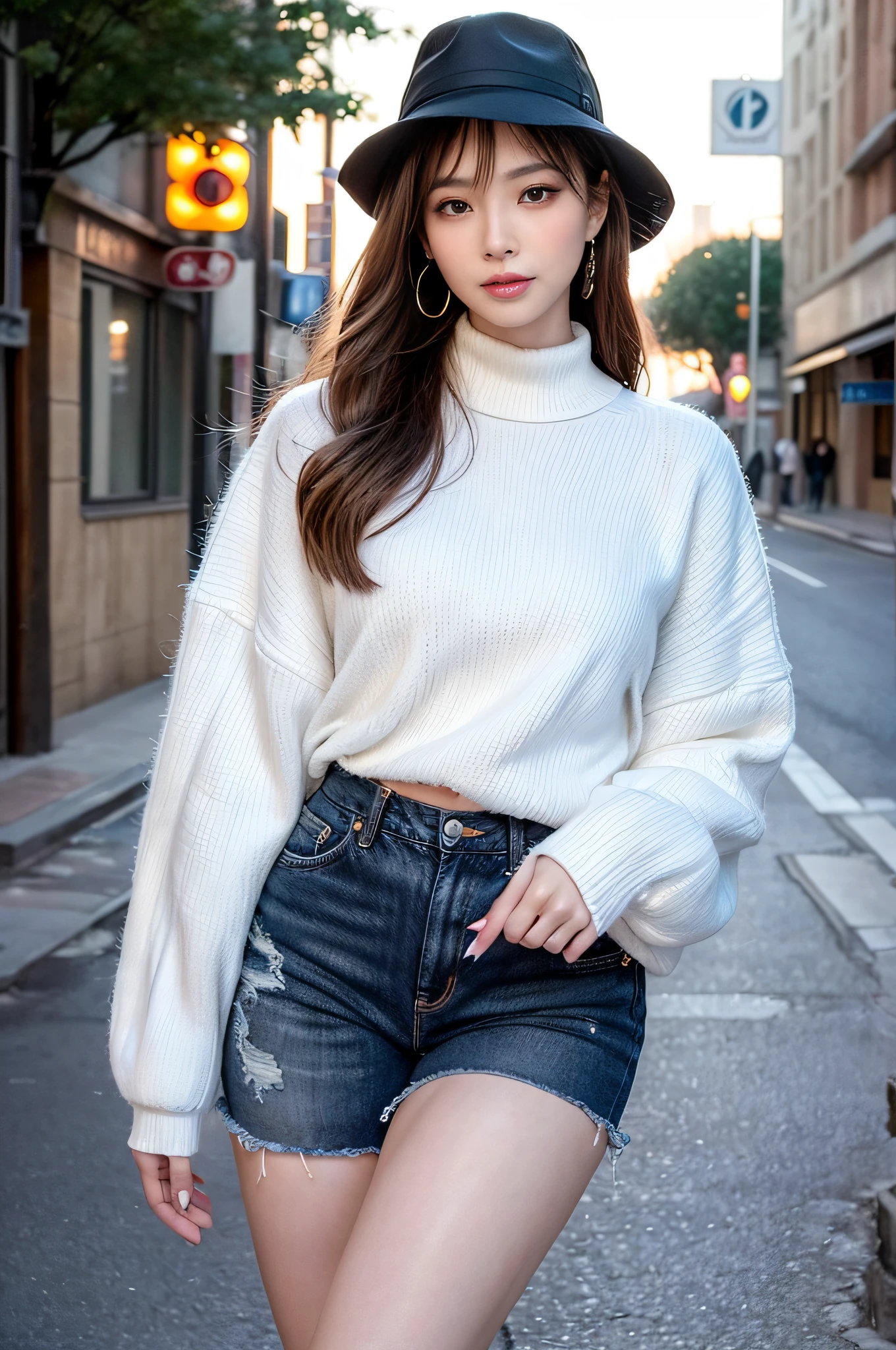 A very beautiful Asian girl,Alone,Mature girl,Alone on the street,White turtleneck long-sleeved sweater,denim short,Black glossy ocean hat(An extremely delicate and beautiful work:1.2)Supermodel figure,supermodel height,A very beautiful girl,Perfect body example,slim toned body,Tight body shape,plumw,Perfect body curves,dermal,Skin texture clear and delicate(Advanced skin details:1.1)Korean idol’s perfect face,A bright and beautiful smile,Long blonde hair,Light blonde wavy hair,Clear and fine hair texture(Quality hair details:1.1),exquisite eye makeup,Refined eye detailing,Blue pupil(Advanced eye detail:1.1)Best example of four fingers and a thumb,Feet with perfectly proportioned thighs and calves(jade foot)Wear earrings,choker necklace,bangle,Sweater series,Jeans series,Photographic works,BestWorks,Best quality,Super refined,extremely high resolution,Shot by one person