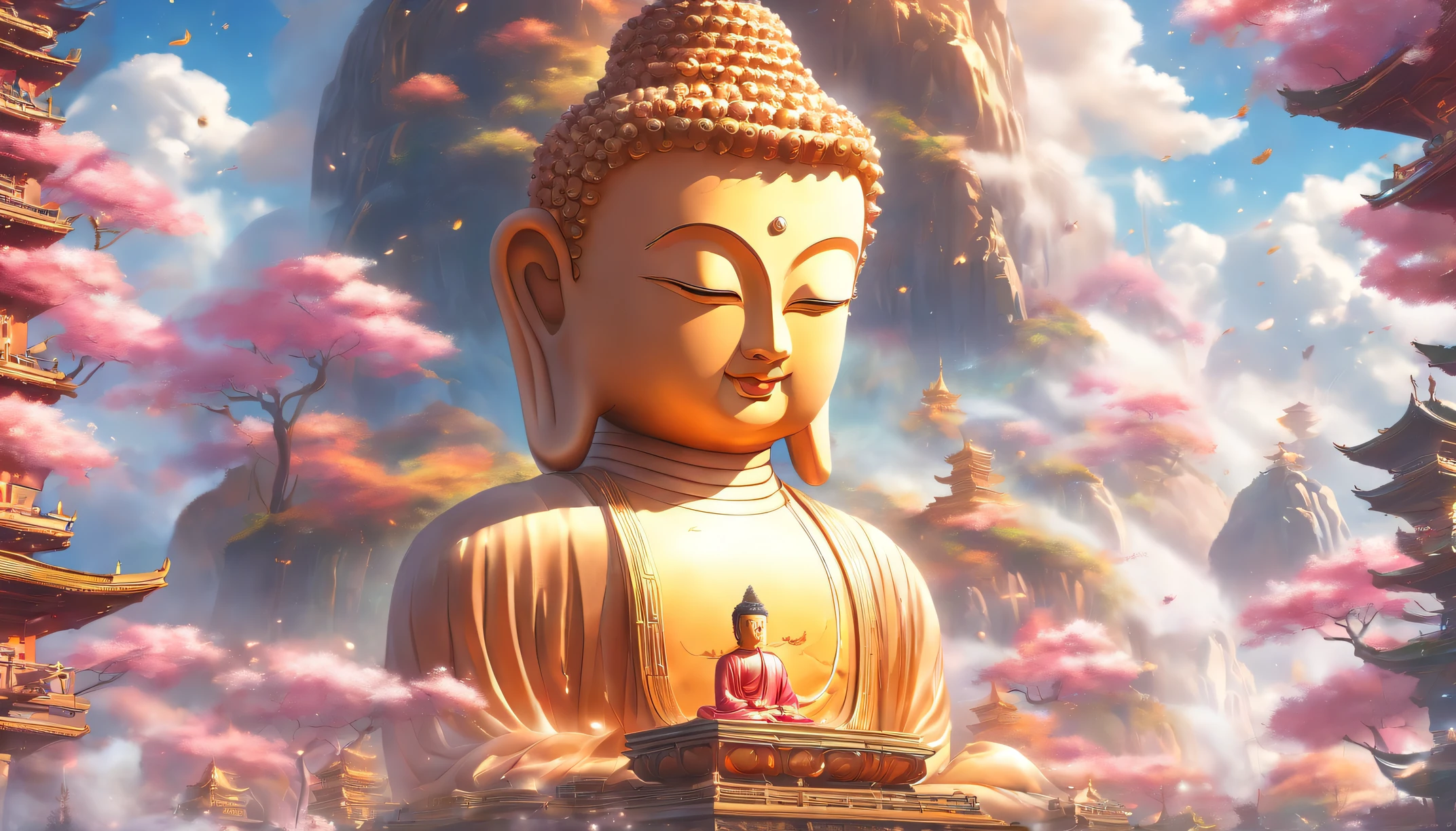 Mechanical super giant Buddha statue,Everyone worships,Divine brilliance,Super detailed control,8K,Fine mechanical reproductions,Renderer overclocking,ultra real photo,stately,8K,ultra HD picture quality,Buddha sits on the cosmic clouds,Ten thousand Buddhas,grandma's world
