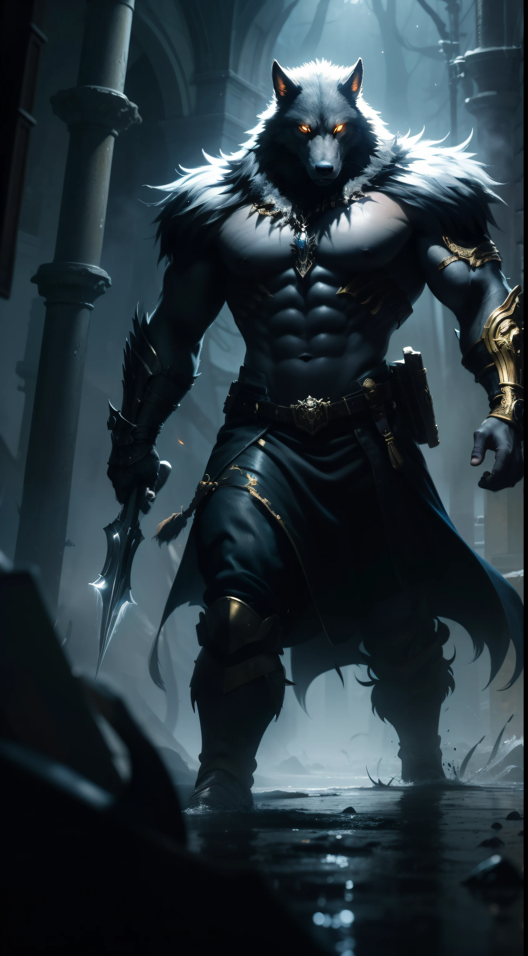Step into a stunning cinematic oil painting (1.1) that captures the essence of a handsome werewolf guardian (0.8) descending from a big, misty dark ink splash. The silver and golden paint splashes add a touch of magic to the dynamic lighting, creating a mesmerizing visual. This high resolution (8k) rendering is filled with intricate details and a clear silver finish, making it a true masterpiece.