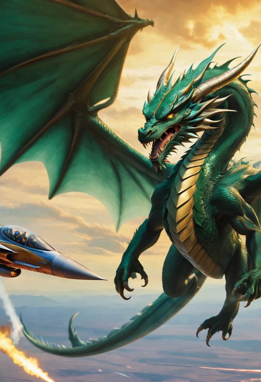 n a stunning image that leaps off the canvas, a fierce battle unfolds between a majestic dragon and a state-of-the-art F16 modern war jet. The audience immediately drawn to the intense confrontation that dominates the frame. The powerful dragon, with its shimmering emerald scales and piercing amber eyes, confronts the sleek metallic F16 with its roaring engines and lethal weaponry. The vividly captured painting showcases the incredible detail, showcasing the dragon's every sinewy muscle and the jet's agile aerodynamic design. The image, a mesmerizing work of art, masterfully captures the clash of ancient creatures and cutting-edge technology, leaving viewers enthralled by the clash of myth and modernity.