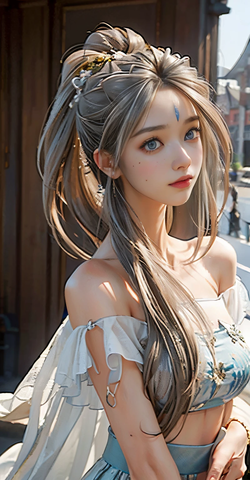 (Absurd, high-res, Super Detailed), 1girls, Shy, Shy, sweet gentle girl, intricate detailed, Enlarged surface, intricate detailed, Fine eyes and detailed faces, intricate detailed, Gray Hair, flowing hair, Clothing to cover hands, Covering hands, large boobs, perfect breasts, areola, (Shut Up), (Perfect Eyes, Equal eyes), Complicated Damask Hanfu, Clothes transparent, Bare shoulders, navel, short skirt, super realistic, photo-hyper-realistic,