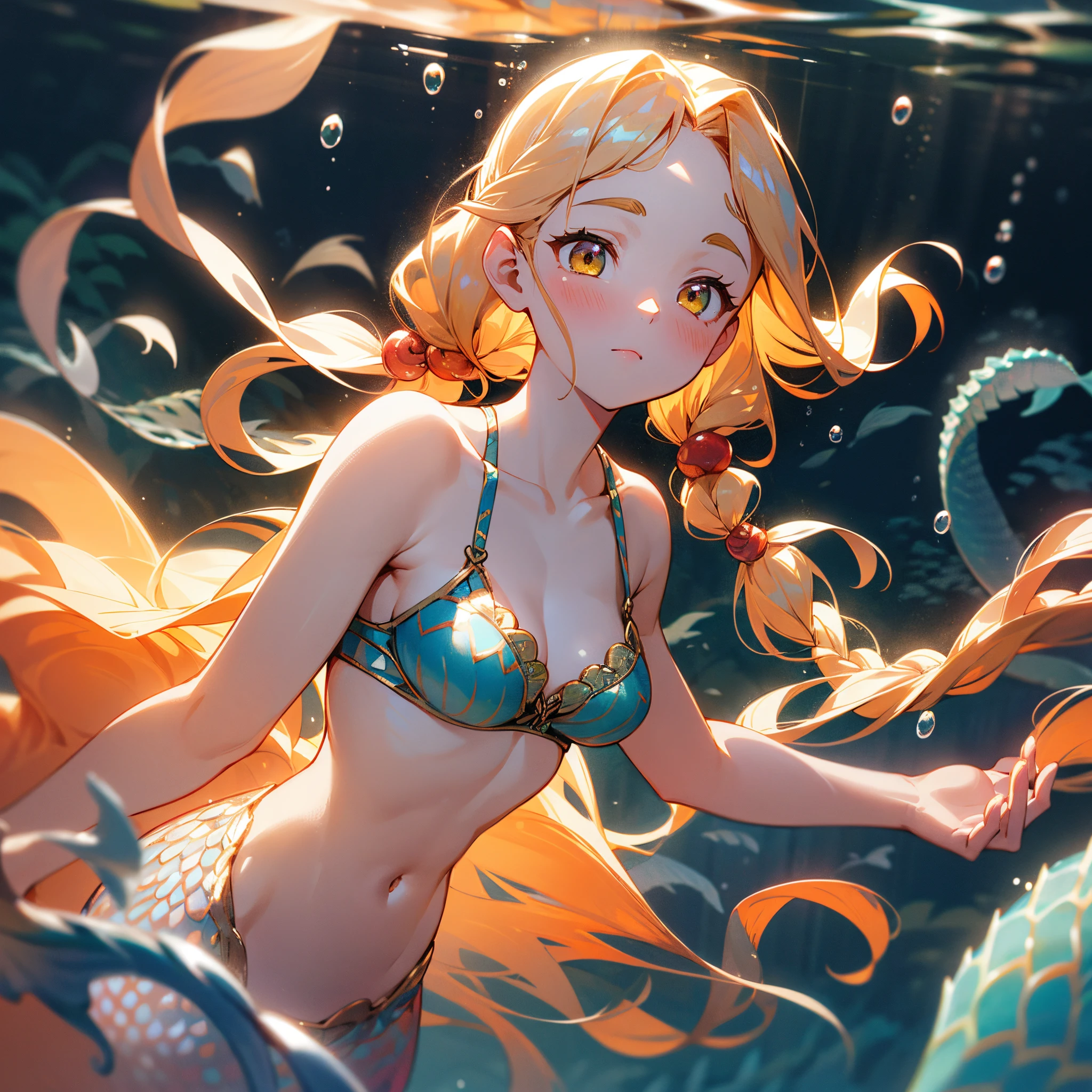 side braids, looking up, upper body, 1 girl, mermaid, floating hair, underwater, scales on her arms, coral surrounded, night, golden eyes, white long wavy hair, bubbles, jelly fish, close-up, focus body ànd face, (focus: 1.5x), blurred frame, scales bra, focus face, mature girl, pigtail hair