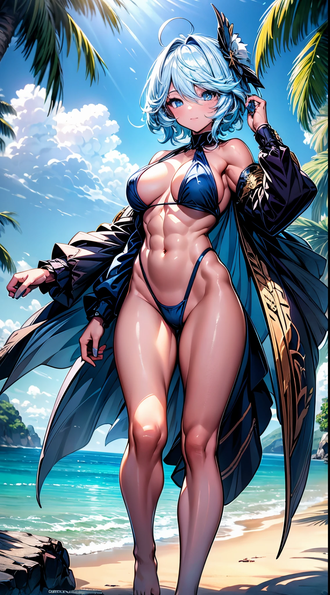 Furina from Genshin Impact), 1 girl, standing (on the beach), blue painted nails, {{{thong bikini}}}, (((muscular legs))), (((showing her big ass to me))), muscular belly, standing, bare foot, (full body photo), (short hair), medium breasts, eye reflection, elongated eyes, elongated eyes, bad mood, anime, anime style, Cinematic lighting , shine, JPEG artifacts, bright light, divine rays, ray tracing, panorama, canon, UHD, master piece, textured skin, Super Detail, High details, best quality, very high resolution, 16k