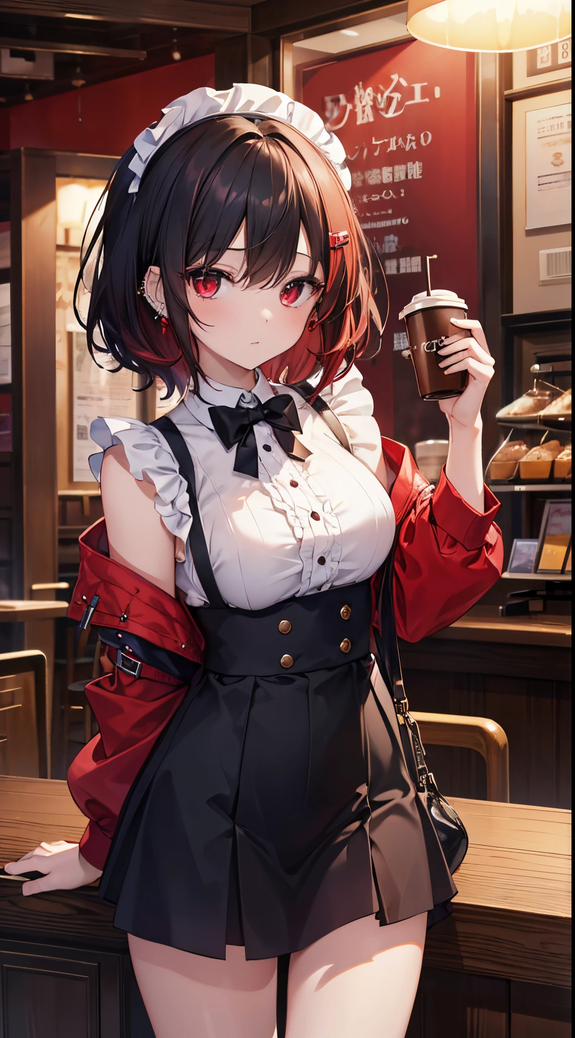 (8K、Top image quality、top-quality、masterpiece)、1 girl in、A dark-haired、short-hair、waved hair、red inner hair、red eyes、piercings、deadpan、Moderately breasts、black maid、a miniskirt、cowboy shot、Coffee shop background