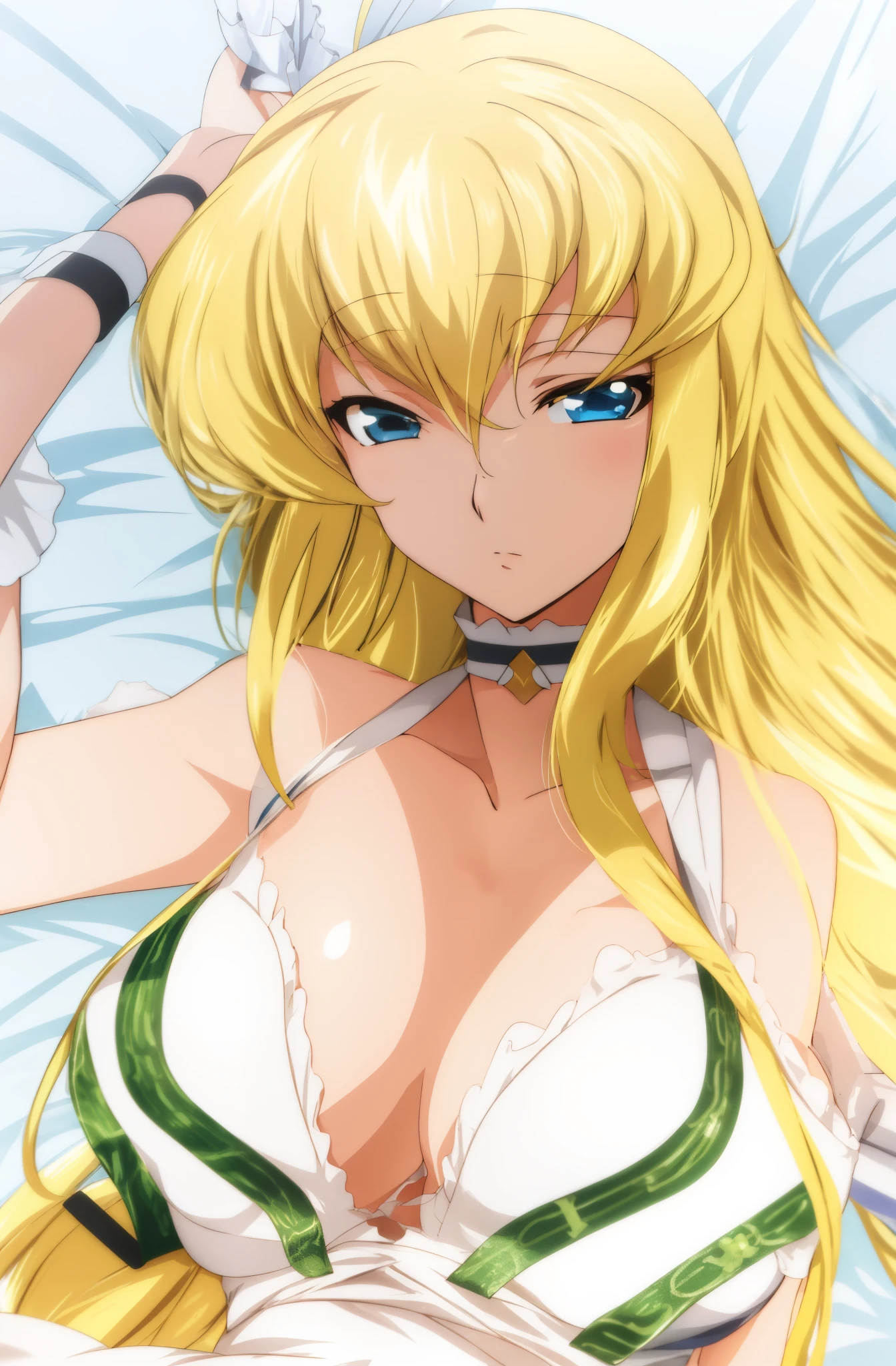 Anime girl with blonde hair and blue eyes in white dress, anime goddess, goddess of summer, aqua from konosuba, Negao, Ahegao, blonde anime girl with long hair, Rei Hiroe, Blonde goddess, digital anime art!!, , zerochan art, Rin, advanced digital anime art」, portrait knights of zodiac girl beds、masterpeace