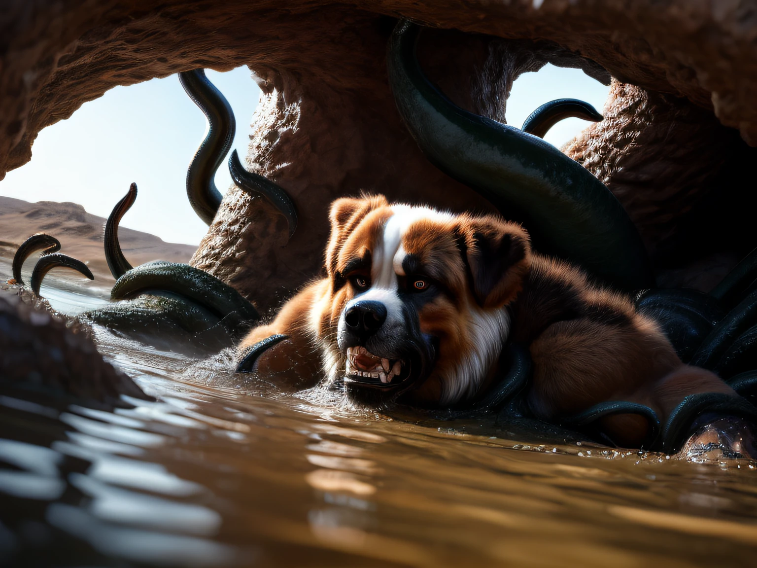 Realstic,photoreallistic,tranchant,(Best quality,Masterpiece:1.4),anthro habillé(saint-bernard:1.2)(fourrure noire),anthro is captured by the tentacles,il fait face à la camera,(musculaire:1.5),gros pectoraux,Muscular arms,Muscular shoulders,(trained by the tentacles:1.5),(noyade),(Naufrage:1.3),(lutter contre les tentacules:1.6)(corps se debatetant),(j'essaie de m'éloigner),(expression of anger),grotto du desert,boue rouge épaisse, sables mouvants lourds,jour ,highly detailed, realistic fur, detailed fur,detailled eyes,Detailed teeth,realistic eyes,Mamelons realistes,anatomiquement correct,