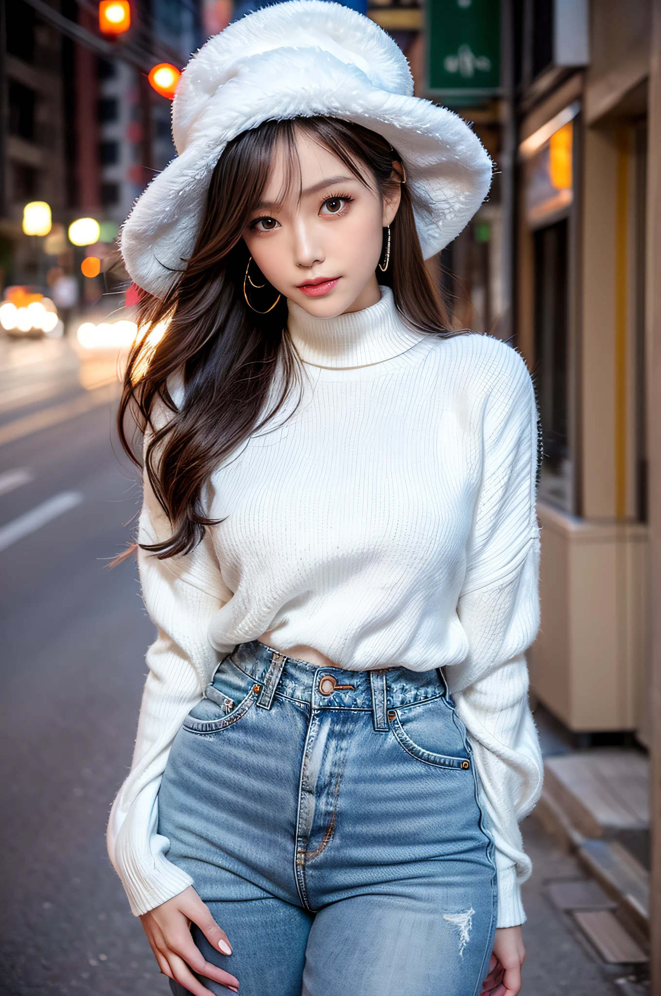 A very beautiful Asian girl,Alone,Mature girl,Alone on the street,White turtleneck long-sleeved sweater,denim short,Black glossy ocean hat(An extremely delicate and beautiful work:1.2)Supermodel figure,supermodel height,A very beautiful girl,Perfect body example,slim toned body,Tight body shape,plumw,Perfect body curves,dermal,Skin texture clear and delicate(Advanced skin details:1.1)Korean idol’s perfect face,A bright and beautiful smile,Long blonde hair,Light blonde wavy hair,Clear and fine hair texture(Quality hair details:1.1),exquisite eye makeup,Refined eye detailing,Blue pupil(Advanced eye detail:1.1)Best example of four fingers and a thumb,Feet with perfectly proportioned thighs and calves(jade foot)Wear earrings,choker necklace,bangle,Sweater series,Jeans series,Photographic works,BestWorks,Best quality,Super refined,extremely high resolution,Shot by one person