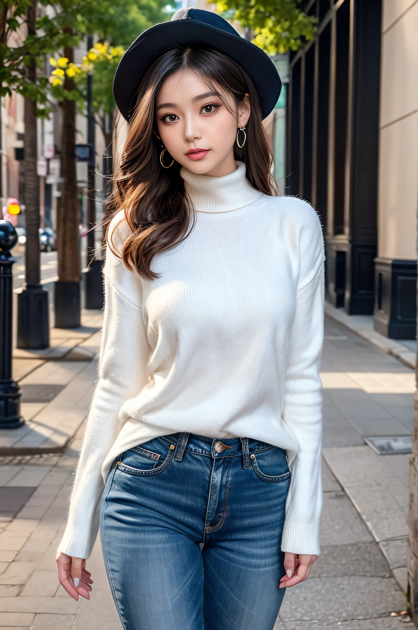 A very beautiful Asian girl,Alone,Mature girl,Alone on the street,White turtleneck long-sleeved sweater,denim short,Black glossy ocean hat(An extremely delicate and beautiful work:1.2)Supermodel figure,supermodel height,A very beautiful girl,Perfect body example,slim toned body,Tight body shape,plumw,Perfect body curves,dermal,Skin texture clear and delicate(Advanced skin details:1.1)Korean idol’s perfect face,A bright and beautiful smile,Long blonde hair,Light blonde wavy hair,Clear and fine hair texture(Quality hair details:1.1),exquisite eye makeup,Refined eye detailing,Blue pupil(Advanced eye detail:1.1)Best example of four fingers and a thumb,Feet with perfectly proportioned thighs and calves(jade foot)Wear earrings,choker necklace,bangle,Sweater series,Jeans series,Photographic works,BestWorks,Best quality,Super refined,extremely high resolution,Shot by one person
