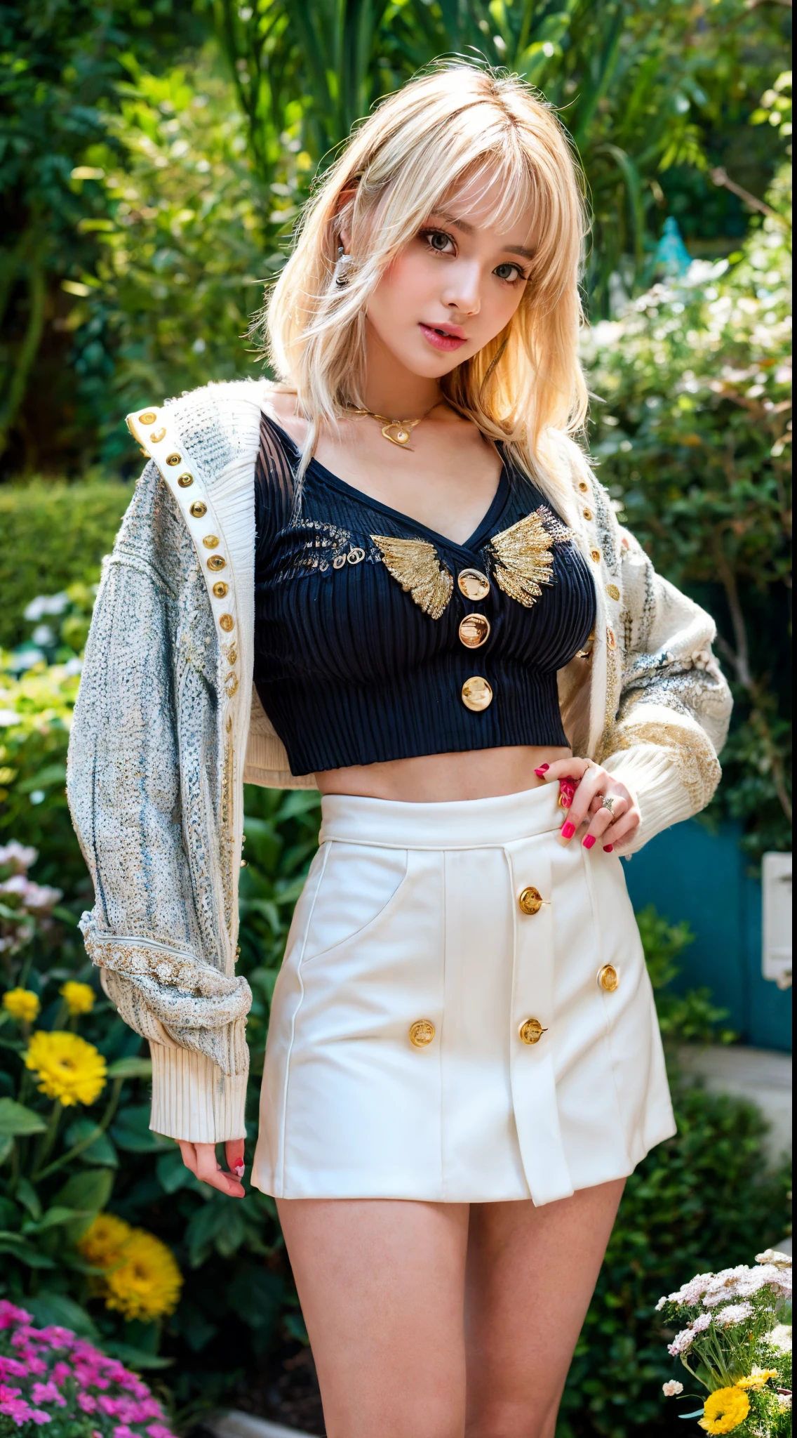 (Ultra-detailed eyes), (((textile shading))), (((Best Quality))), (((masterpiece))), (((Ultra-detailed CG))), sassy girl, (((magical little girl))), (Petite), (tiny chest), blonde hair, black hair, blonde hair, blonde hair, ((Girl Crush Aesthetic hairstyle, gorgeous hair)) Girl Crush Aesthetic Visuals, Girl Crush Aesthetic Outfits, vibrant Girl Crush Aesthetic scene, Girl Crush Aesthetic Outfits, Girl Crush Aesthetic ambiance, Girl Crush Aesthetic at the heavenly garden:0.2 Girl Crush Aesthetic image of a women Girl Crush Aesthetic Outfits, immersed in the vibrant atmosphere of a heavenly garden. His attire reflects the fashion trends of the Girl Crush Aesthetic. Girl Crush Aesthetic Outfits heavenly garden scene  alive with pulsating lights, a lively heavenly garden, The Girl Crush Aesthetic Outfits ambiance transports viewers back to the Girl Crush Aesthetic era, capturing the spirit of Girl Crush Aesthetic, and self-expression that defined the Girl Crush Aesthetic culture. black feather cuff cardigan over a white knit crop top with gold-tone buttons, balck low-rise faux-leather pleats skirt. Eyes on viewers, upper image