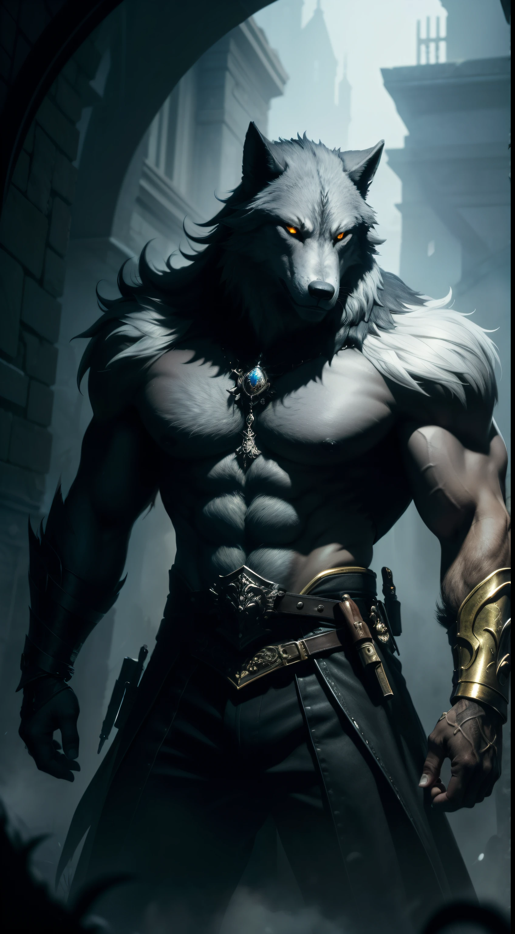 Step into a stunning cinematic oil painting (1.1) that captures the essence of a handsome werewolf guardian (0.8) descending from a big, misty dark ink splash. The silver and golden paint splashes add a touch of magic to the dynamic lighting, creating a mesmerizing visual. This high resolution (8k) rendering is filled with intricate details and a clear silver finish, making it a true masterpiece.