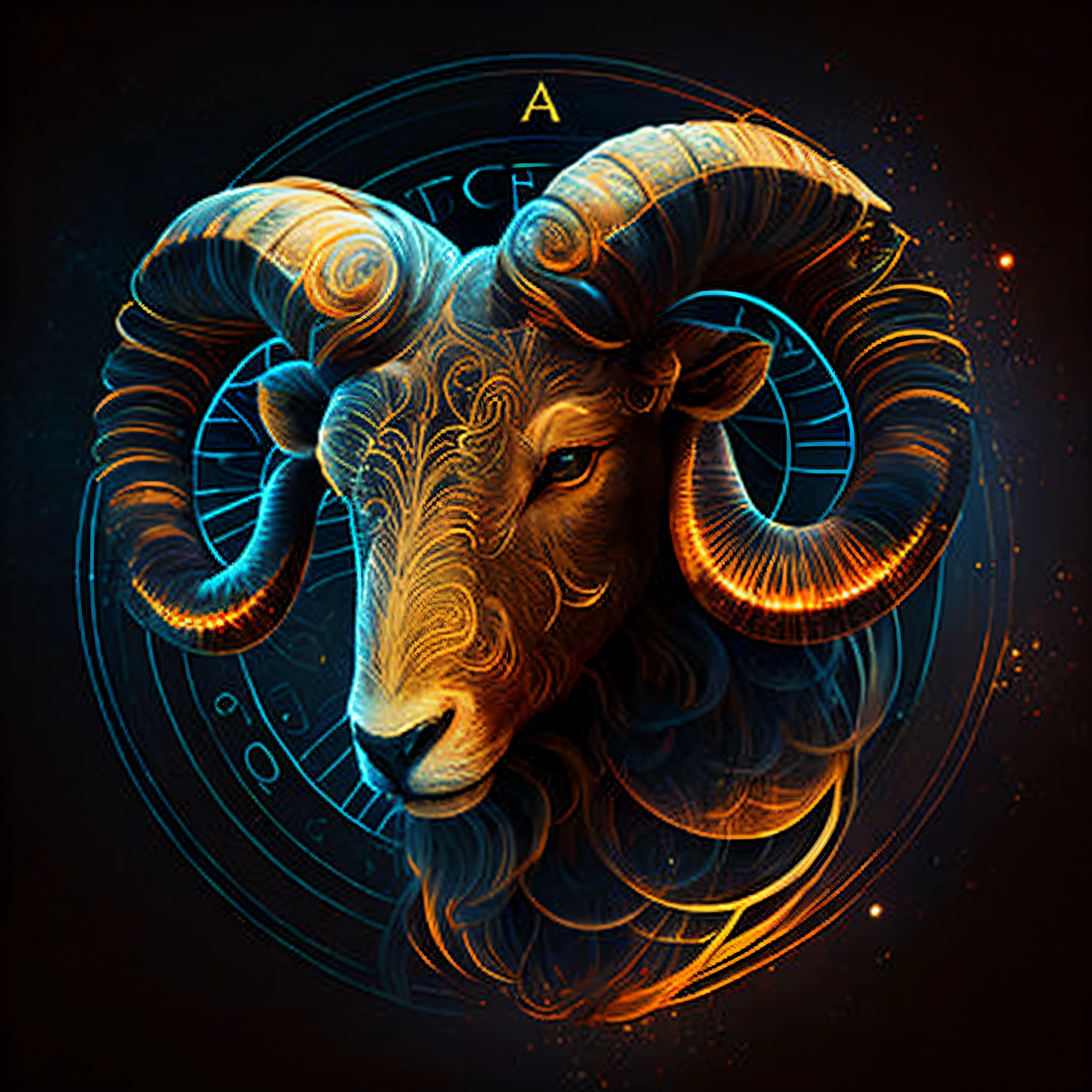 zodiac sign of ram with glowing spirals and stars in the background, aries fiery ram tarot, aries constellation, horned ram goddess, taurus zodiac sign symbol, zodiac sign, gold ram horns, highly detailed digital art, unknown zodiac sign, zodiac signs, extremely detailed digital art, geometry and astrology, highly detailed creature, highly detailed illustration.”, a goat, a mythical creature